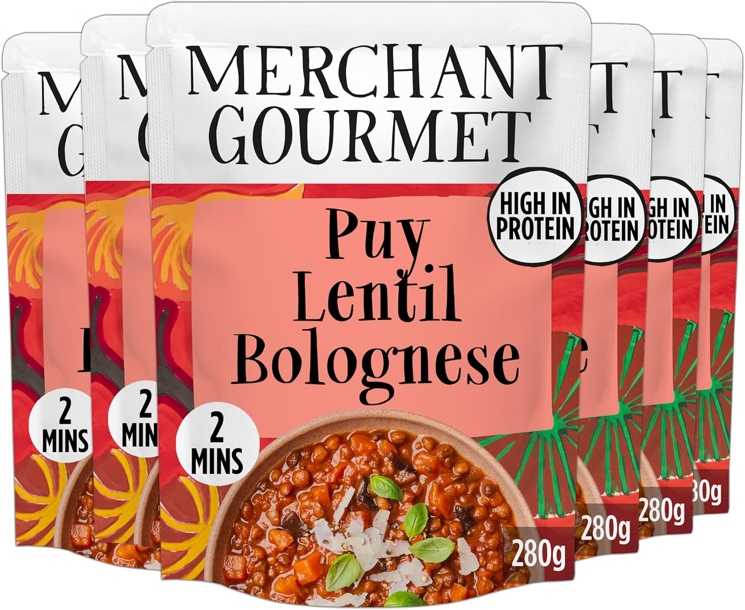 Merchant Gourmet Ready-to-eat Puy Lentil Bolognese Pack of 6 x 280g Pouches High in Protein High in Fibre Vegan. Cooked with Puy & Brown Lentils Mixed Mushrooms Sundried Tomato Paste Ready-Meal Option