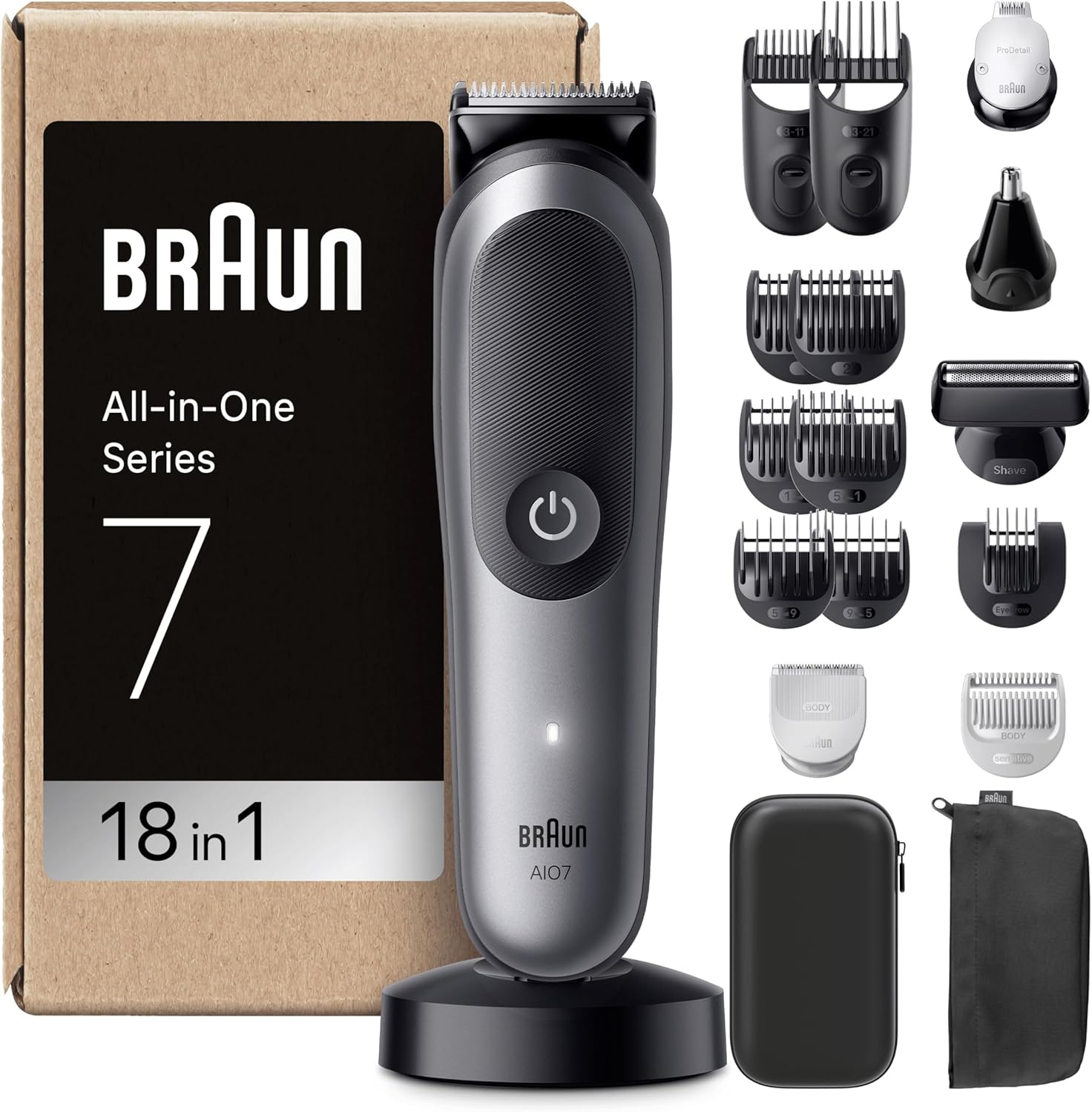 Braun All-in-One Series 7 Grooming Kit, 18in1, ProBlade & AutoSense, 120 Min, SkinGuard & Beard Fading, AquaGrip for Under Water Use, AIO7585, Grey