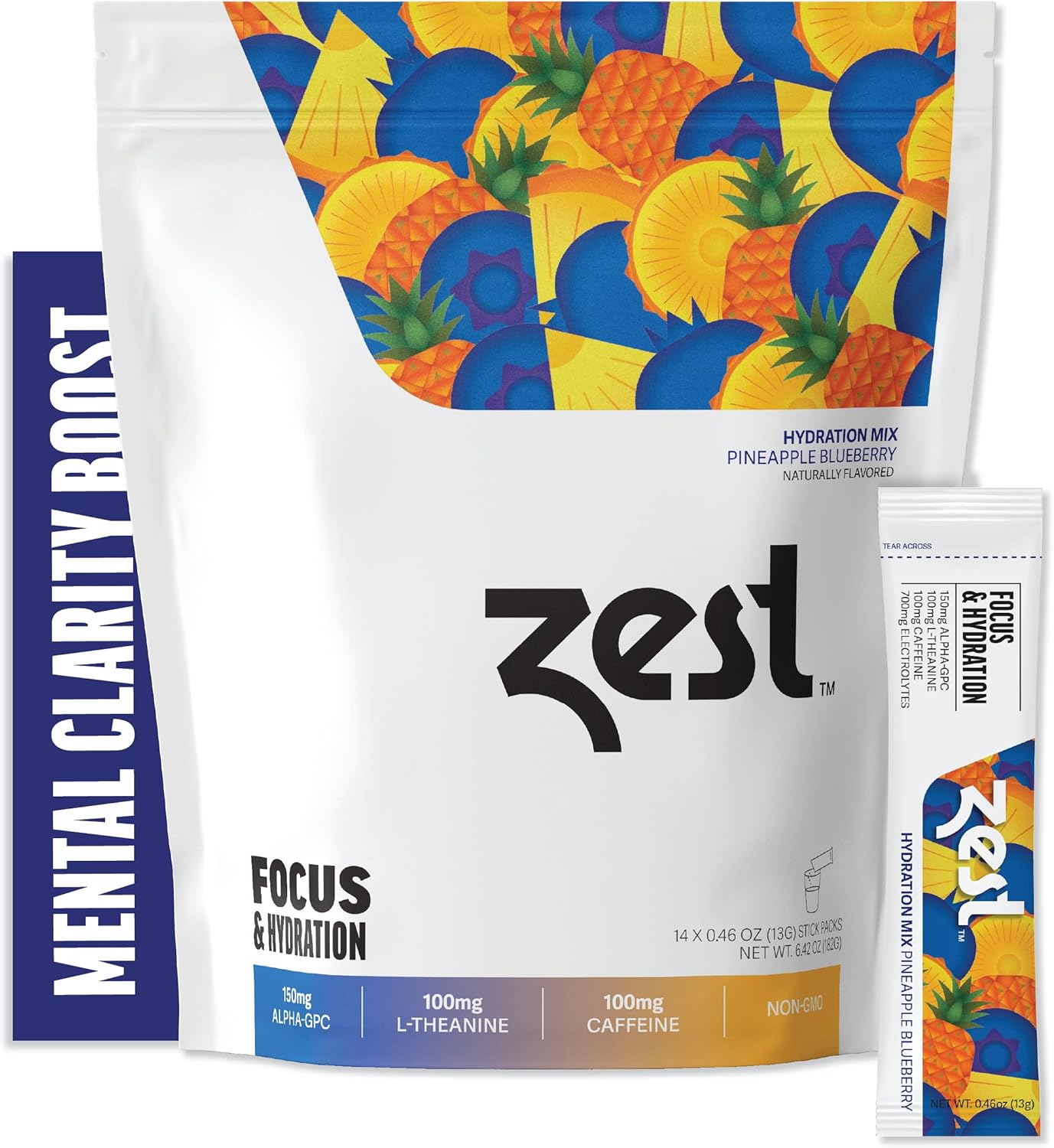 Zest Caffeine, L-Theanine, & Alpha GPC - Focus & Electrolyte Hydration Powder - Pineapple Blueberry - Mix w/Water - 14 Packets - Nootropic Brain Booster Supplement Drink - Low Sugar Liquid Enhancer
