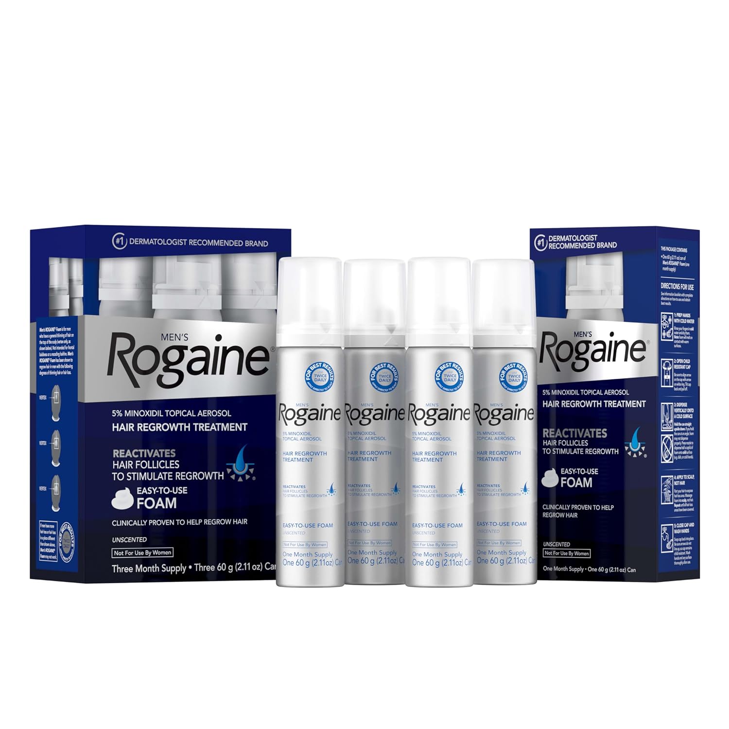 Men's Rogaine 5% Minoxidil Foam, 4 Month Supply | Topical Hair Regrowth Treatment, Extra Strength Minoxidil Foam, Unscented Aerosol, 4 x 2.11 oz Cans