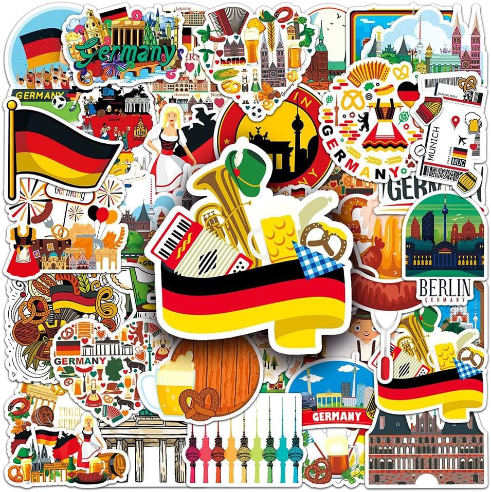 Germany Stickers |50Pcs German Waterproof Vinyl Decals for Water Bottles Laptop Luggage Cup Computer Mobile Phone Skateboard Guitar Décor
