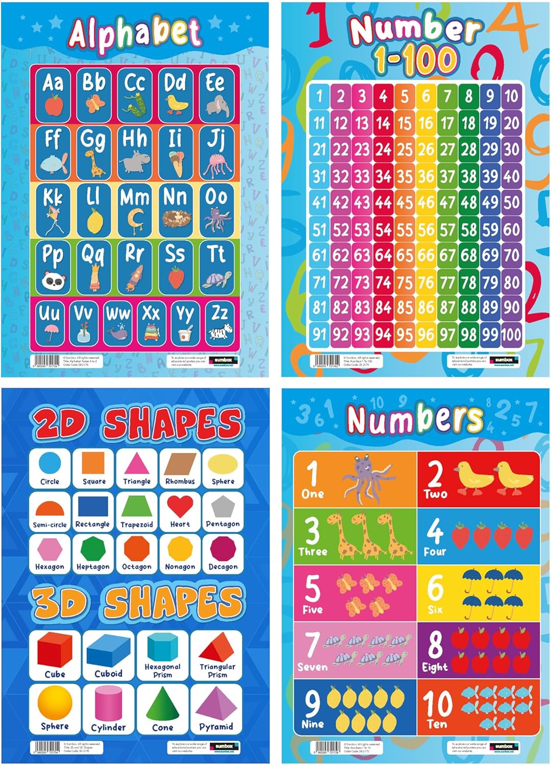 Sumbox Educational Preschool Posters For Nursery Classroom, Pack of 4 Homeschool Preschool A3 Poster Bundle, Teach Numbers Alphabet Shapes, Kids Learning Posters For Children