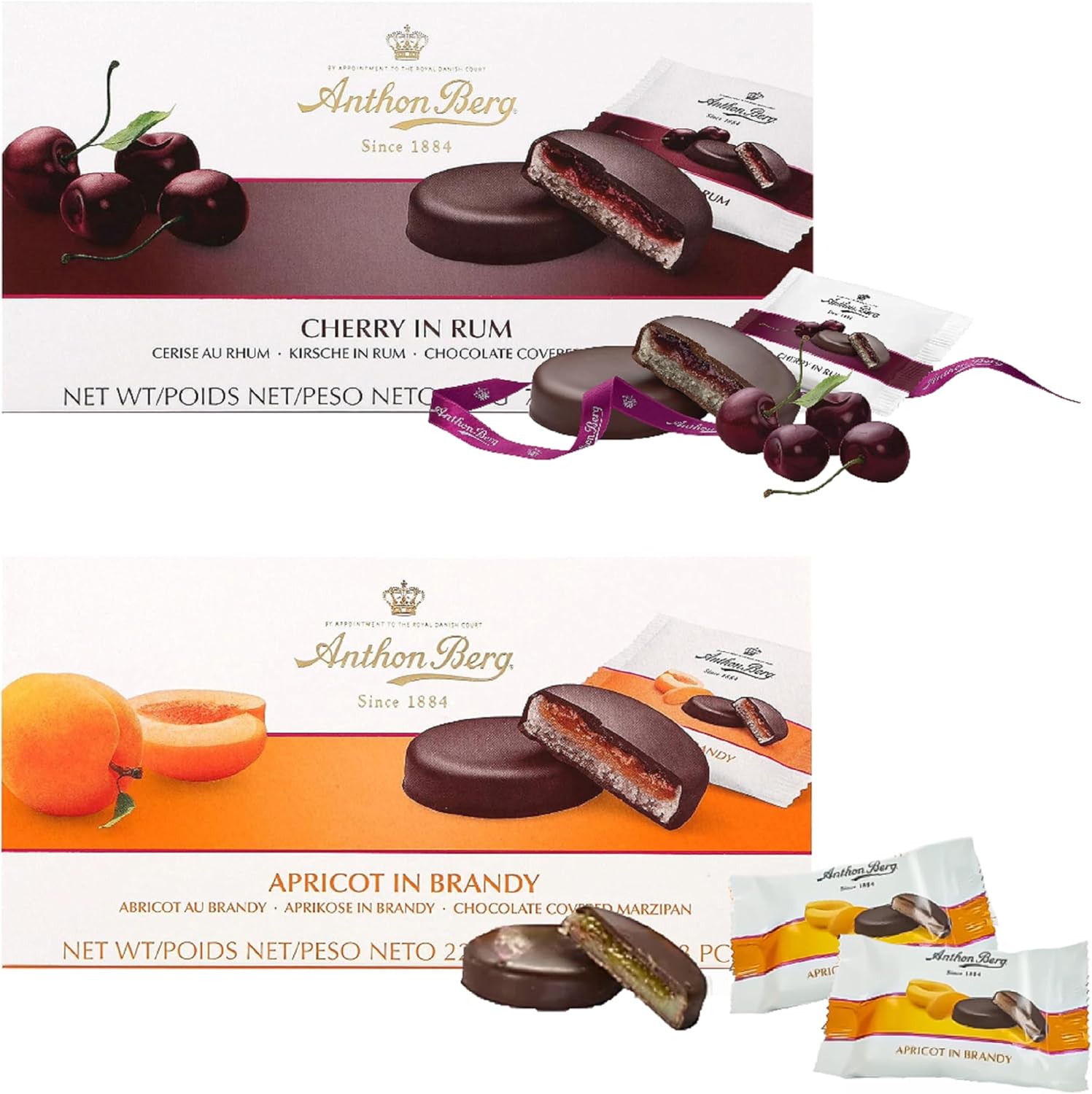 Liqueur Chocolates Gift Box for Womens Gifts - Cherry In Rum & Apricot in Brandy Dark Chocolate Covered Marzipan 220g with Topline Card for Stocking Fillers, Secret Santa Gifts for Women
