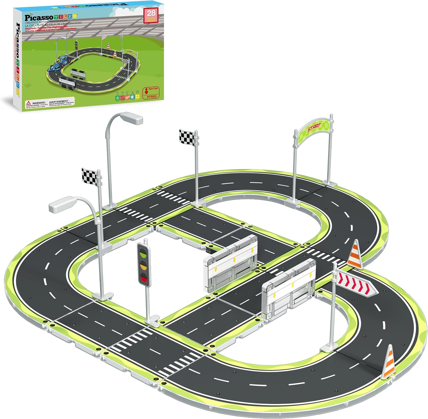 PicassoTiles Magnet Tile Building Block Construction Toy Set Street Sign Traffic Kit Highway Road Race Track with Bumper Barricade Accessory Sticker Education Magnetic Tiles Kids Age 3+ PTR03