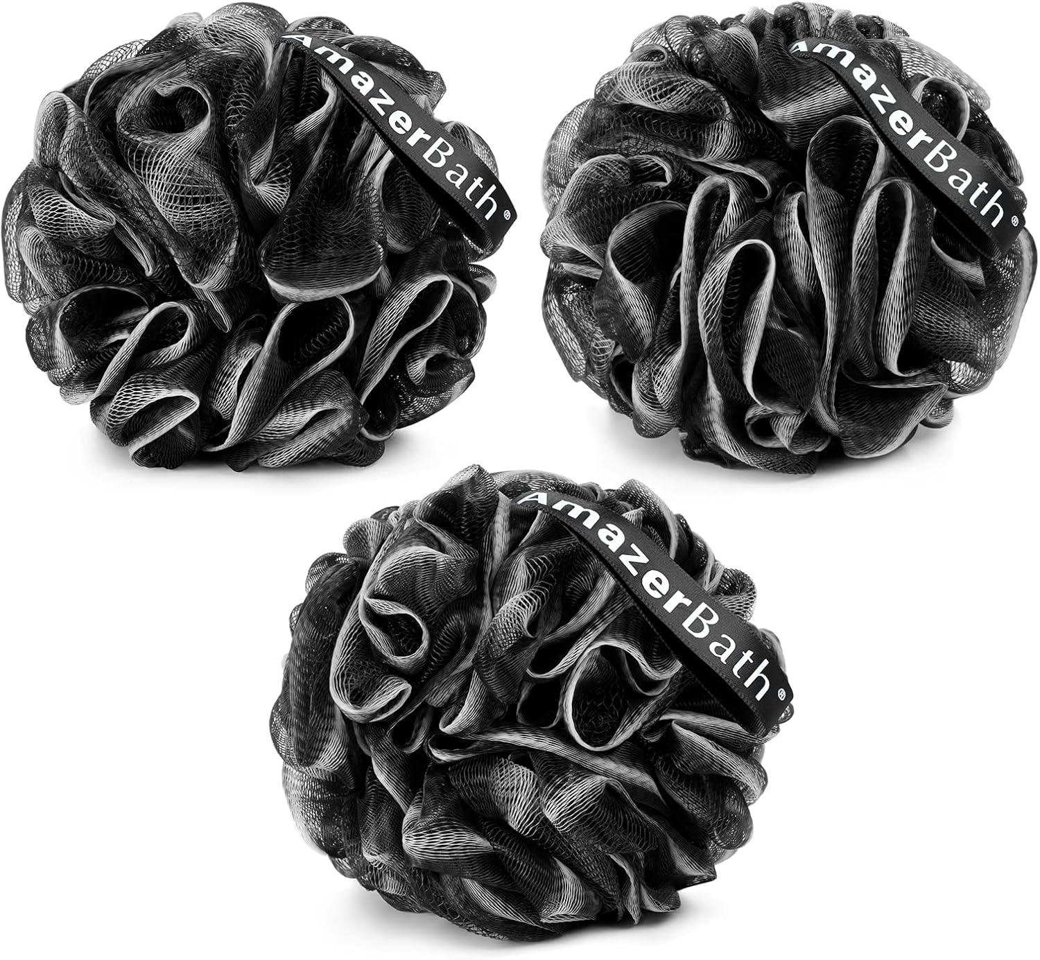 AmazerBath Loofah Sponge, Shower Loofah for Men and Women - Body Scrubber Loofa Set of 3 Classic Black & White Edge, Bath Sponge 60g/PCS