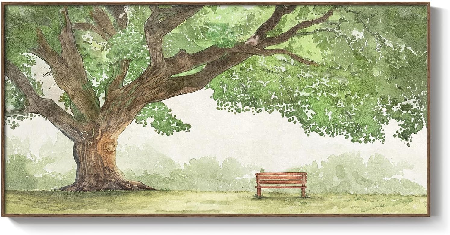 Framed Landscape Canvas Wall Art for Living Room - Contemporary Large Tree Shade Sage Green Painting with Park Bench, Nature Artwork Prints for Bedroom Office Nursery Hallway Wall Decor, 20x40 Inch