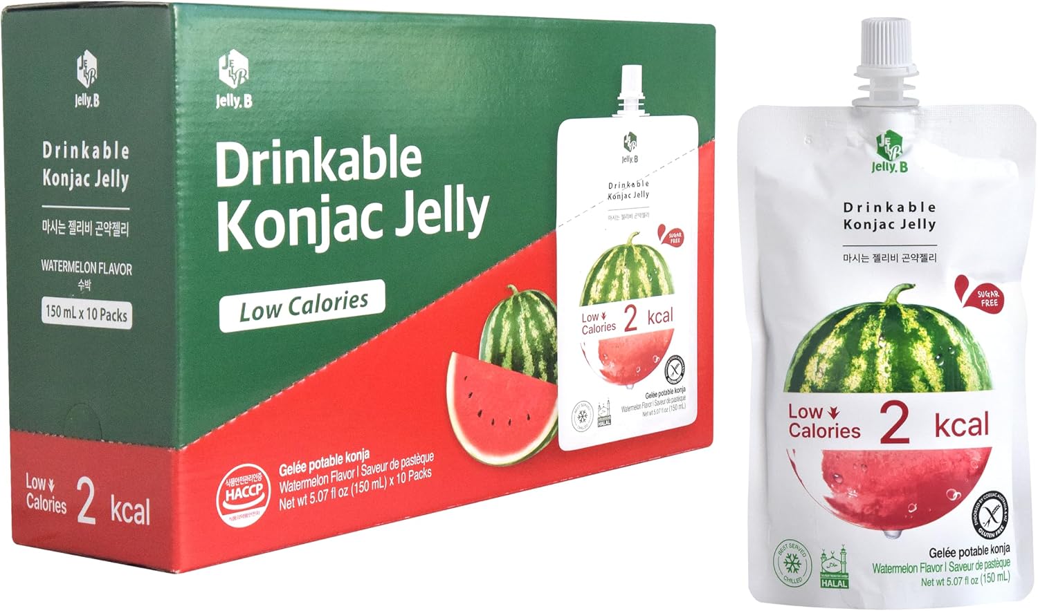 JELLY B Drinkable Konjac Jelly (10 Packs of 150ml) - 0 Gram Sugar, Only 5 kcal Each Packets (Watermelon)