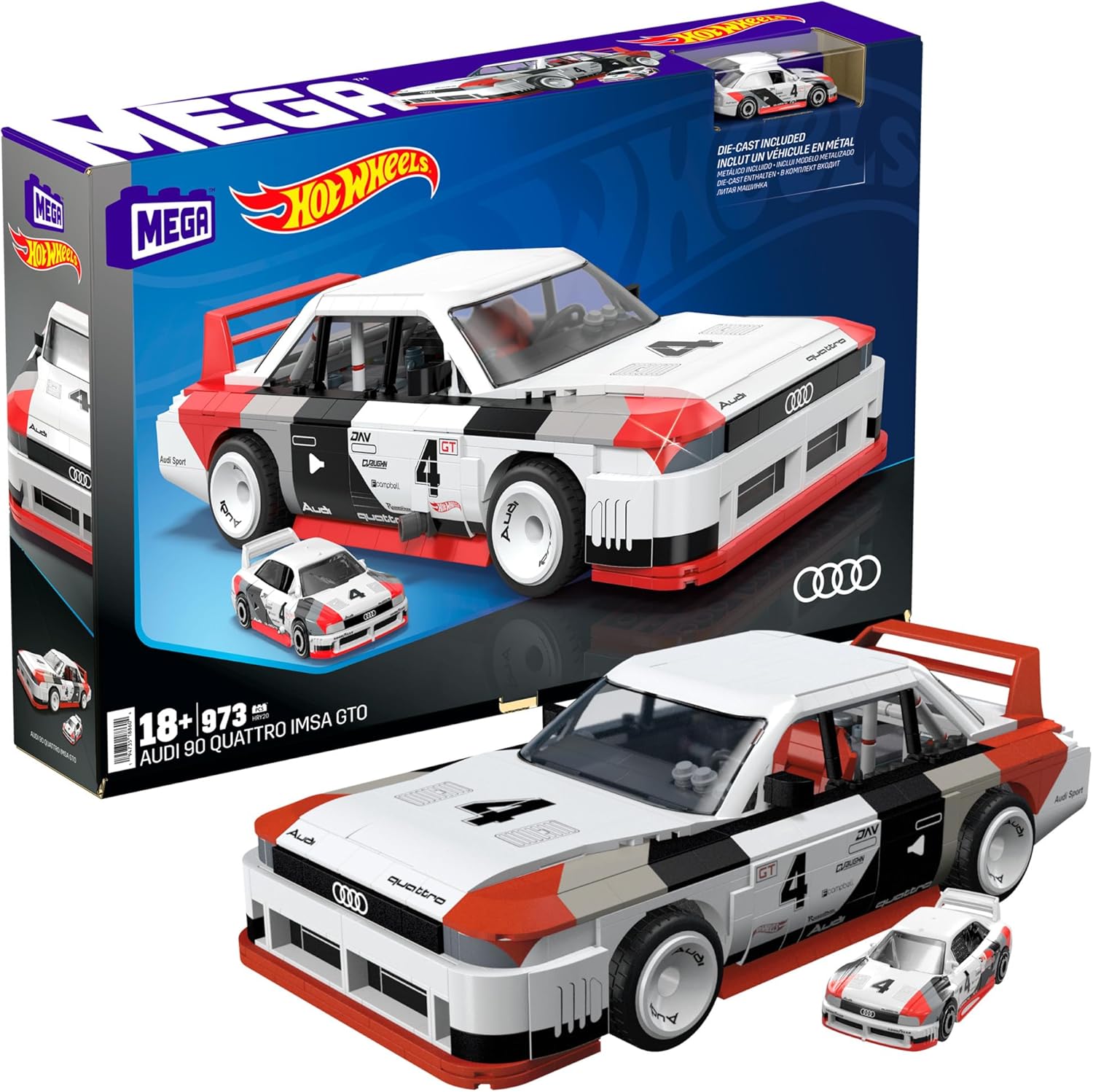 ​MEGA Hot Wheels Collectible Car Building Toy, Audi 90 Quattro IMSA GTO with 973 Pieces and Die-Cast Model, Build & Display Set for Collectors, Red