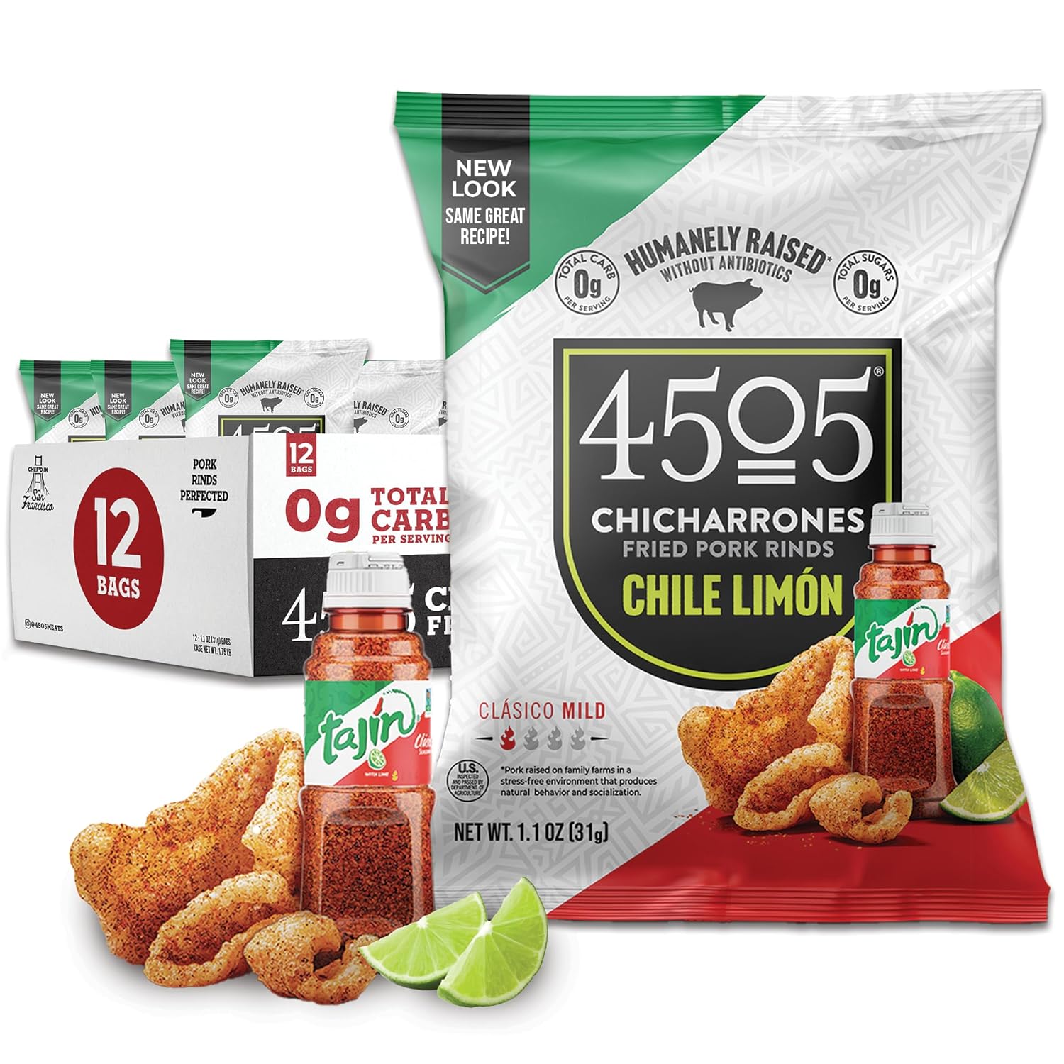 4505 Tajin Seasoned Chicharrones, Fried Pork Rinds - Chile Limon Mild Flavored Pork Skins - Low Carb, Gluten-Free, Protein Snack - 1.1oz (Pack of 12)