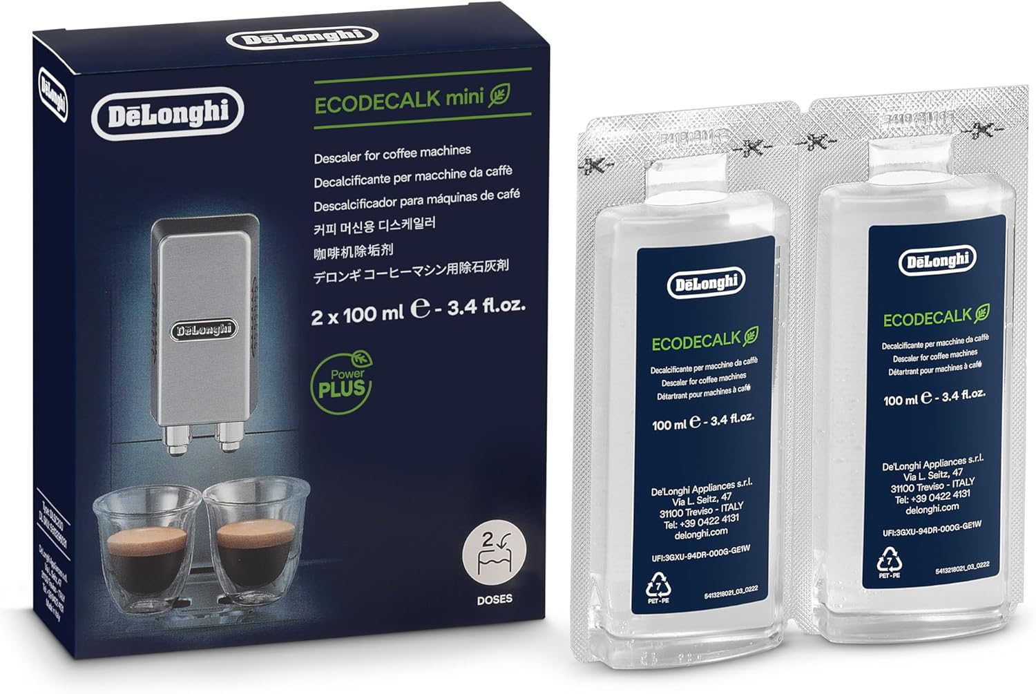 De'Longhi EcoDecalk Descaler, Eco-Friendly Universal Descaling Solution for Coffee & Espresso Machines, 2-Pack (1 use per pack)