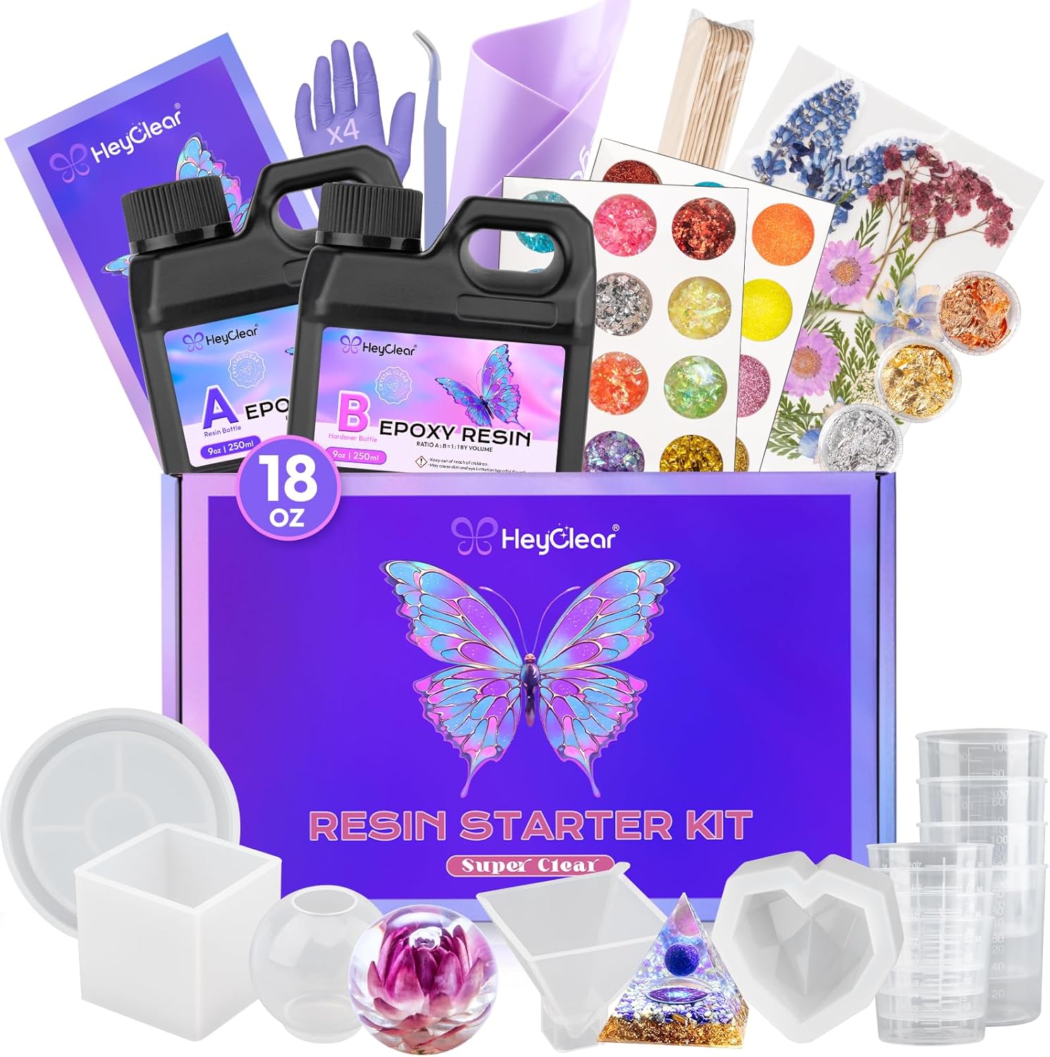 HeyClear Epoxy Resin Kit with Molds for Beginners -18 oz Super Clear and Hard Resina Complete Craft Supplies Set for Starter Casting Arts Crafts for Adults, DIY Creation Gifts