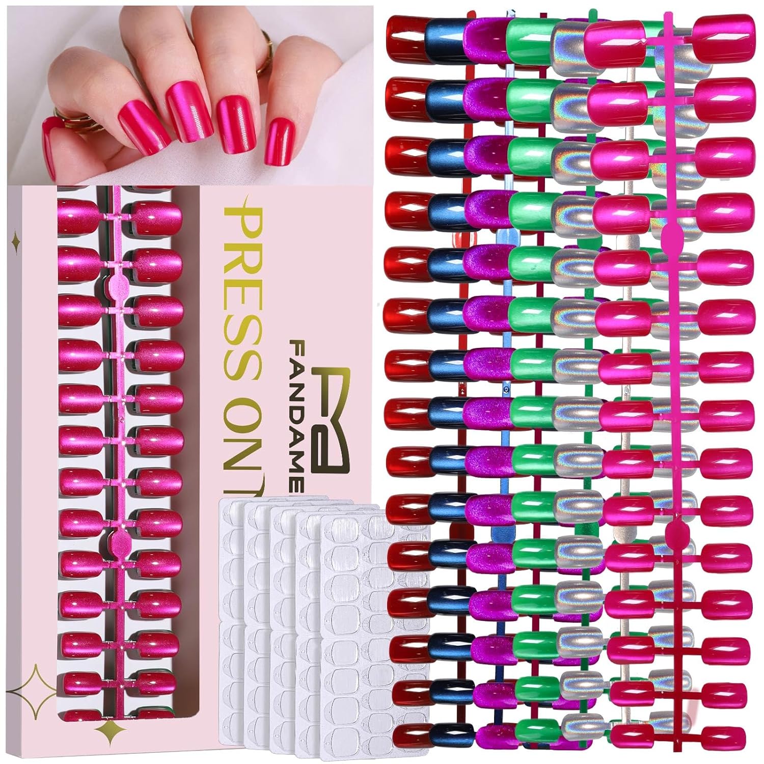 FANDAMEI Press on Nails, 6 Colors Press on Nails Short, Glossy Cat Eye Nails Short Square, Natural Fake Nails for Women, with Nail Adhesive Tabs, Cat Eye Press on Nails Kit