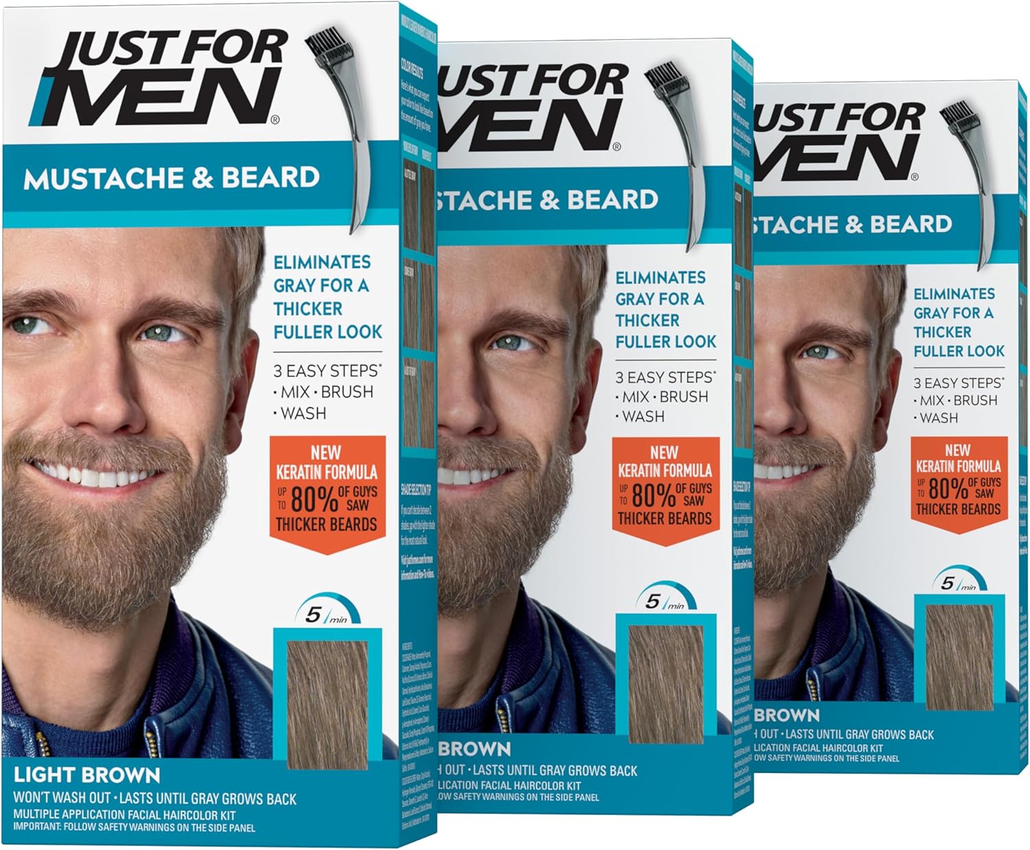 Just For Men Brush-In Mustache, Beard And Sideburns, Light Brown - Kit ( Pack of 3 )