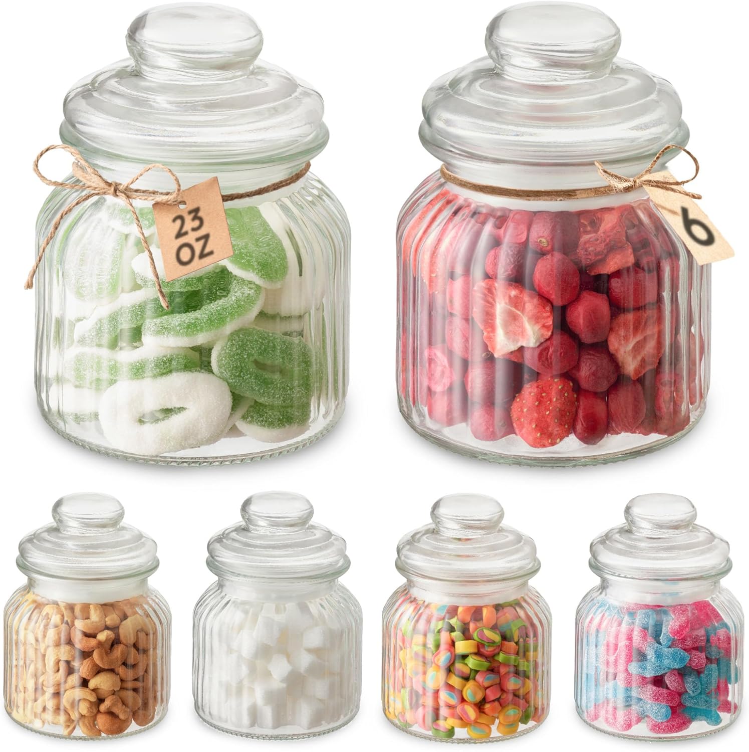 Glass Candy and Cookie Jars with Airtight Lids - 6 Pcs, 23oz Vintage Clear Glass Containers - with Labels & Jute Cord - Ideal for Candy Buffet, Kitchen Storage & Party Decor.