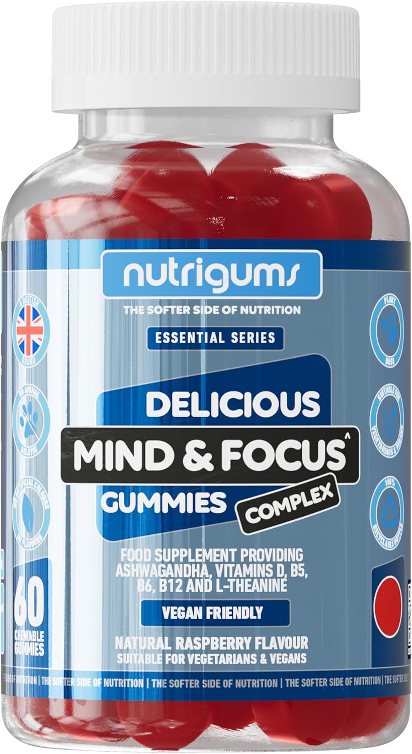 Mind & Focus Ashwagandha Gummy | Ashwagandha, L-Theanine, Vitamins D, B5, B6 & B12 | Raspberry Flavour | 60 Vegan Gummies | Cognitive Health, Nervous System and Mental Performance by NUTRIGUMS®