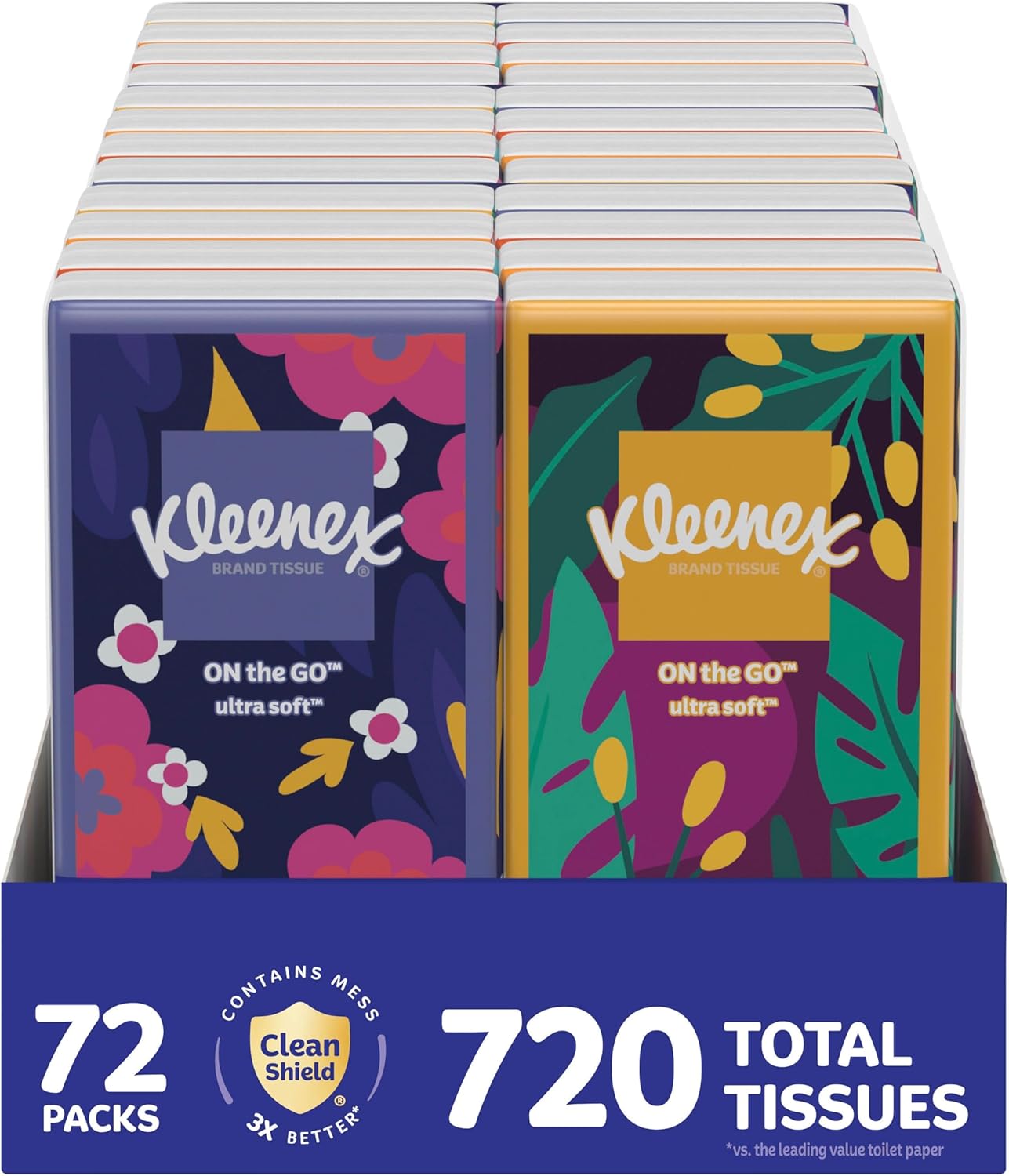 Kleenex On-The-Go Facial Tissues, 72 On-The-Go Packs (3 Trays of 24 Packs), 10 Tissues per Box (720 Total), 3-Ply, Packaging May Vary