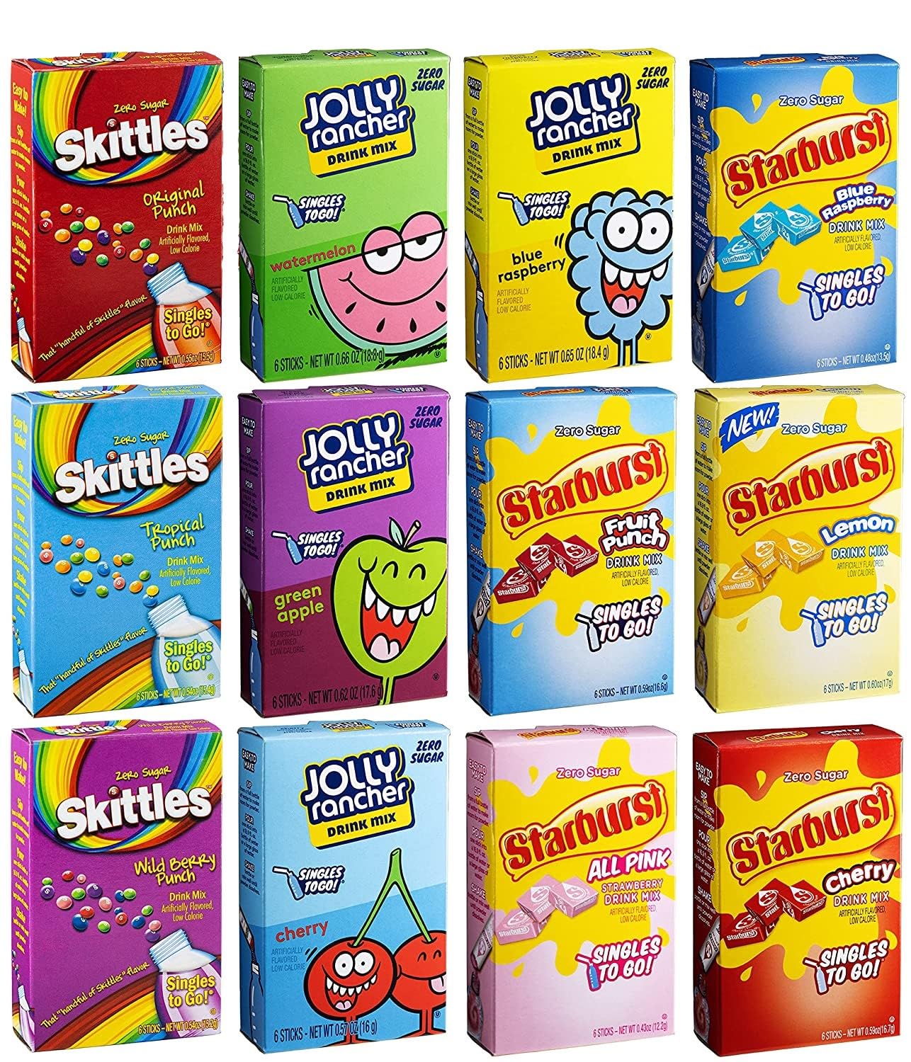 SINGLES TO GO! Sugar Free Variety Pack of Water Enhancers - Skittles, Starburst and Jolly Rancher Drink Mix Variety - 0.57 Ounce (Pack of 12)