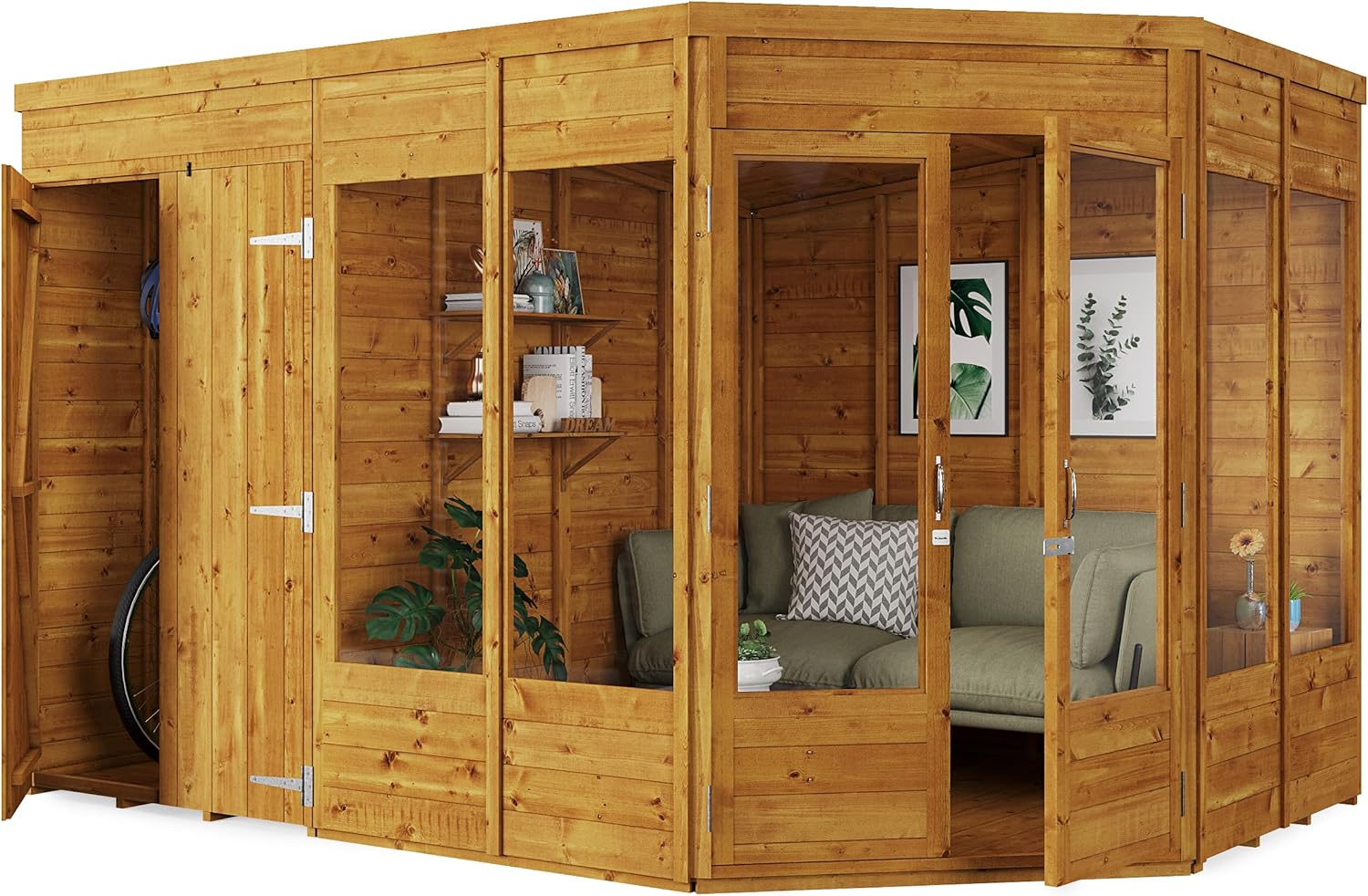 BillyOh Corner Summerhouse Log Cabin with Side Garden Storage Shed 11 x 7 Wooden Summer House Penton Summerhouses 11x7 Spray Treated (Store on Left)