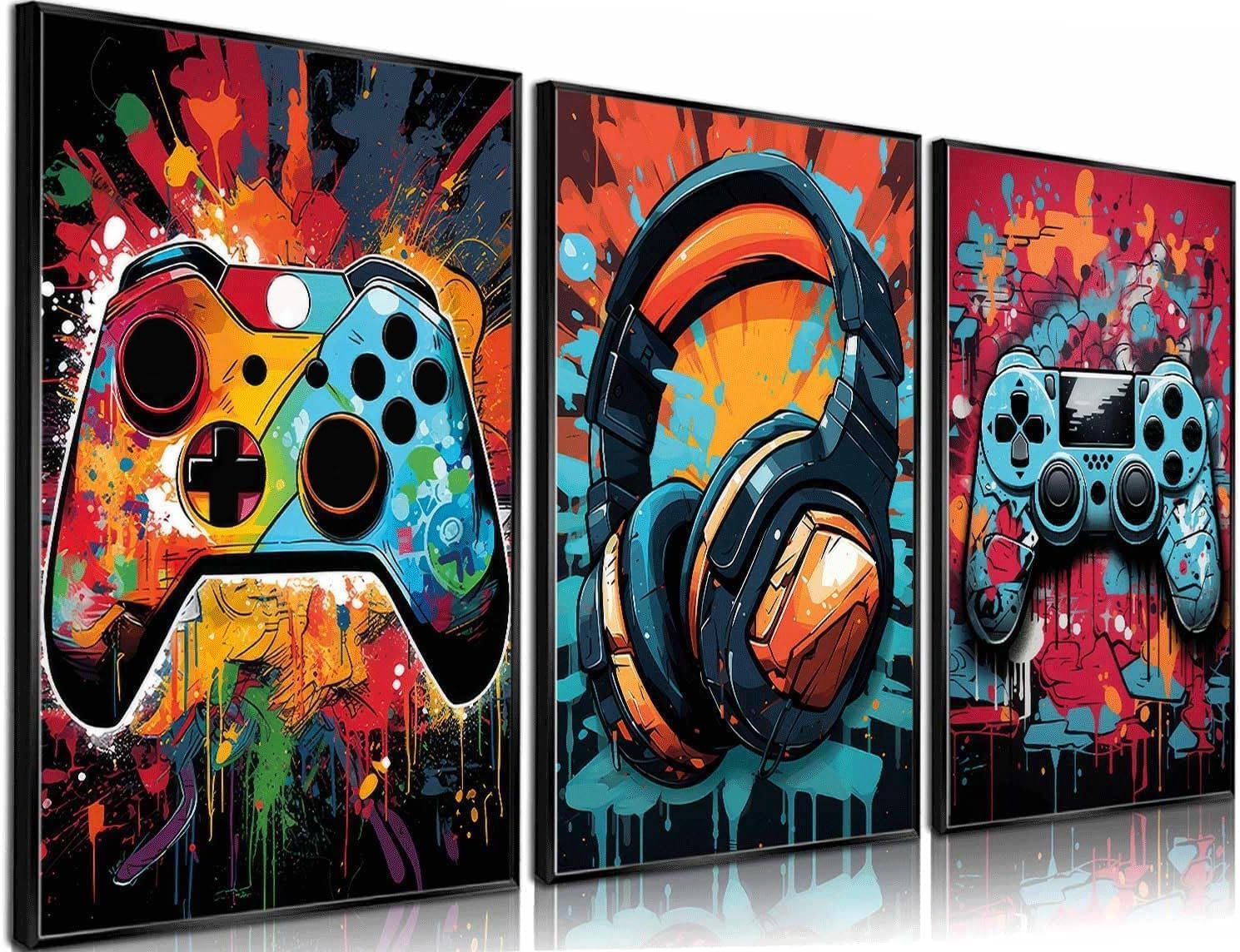 3Pcs Cool Gaming Wall Art Retro Video Game watercolor Posters Pictures Colorful Neon Gamepad Canvas Painting Prints for Boys Room Kids Game Room Bedroom for Boys Home Decoration 16x24in Unframed