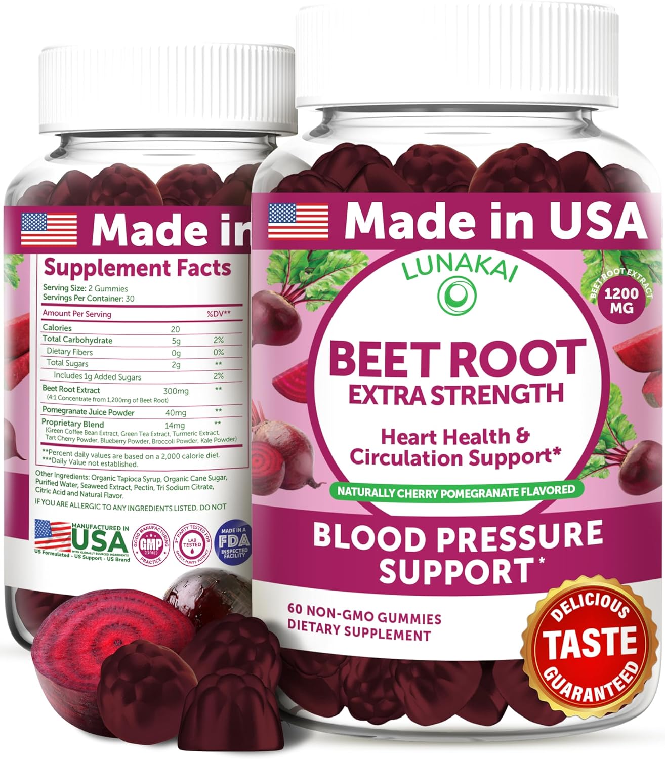 Lunakai USA Made Beet Root Gummies with Antioxidant Blend - Delicious Non-GMO Beet Chews, 60ct