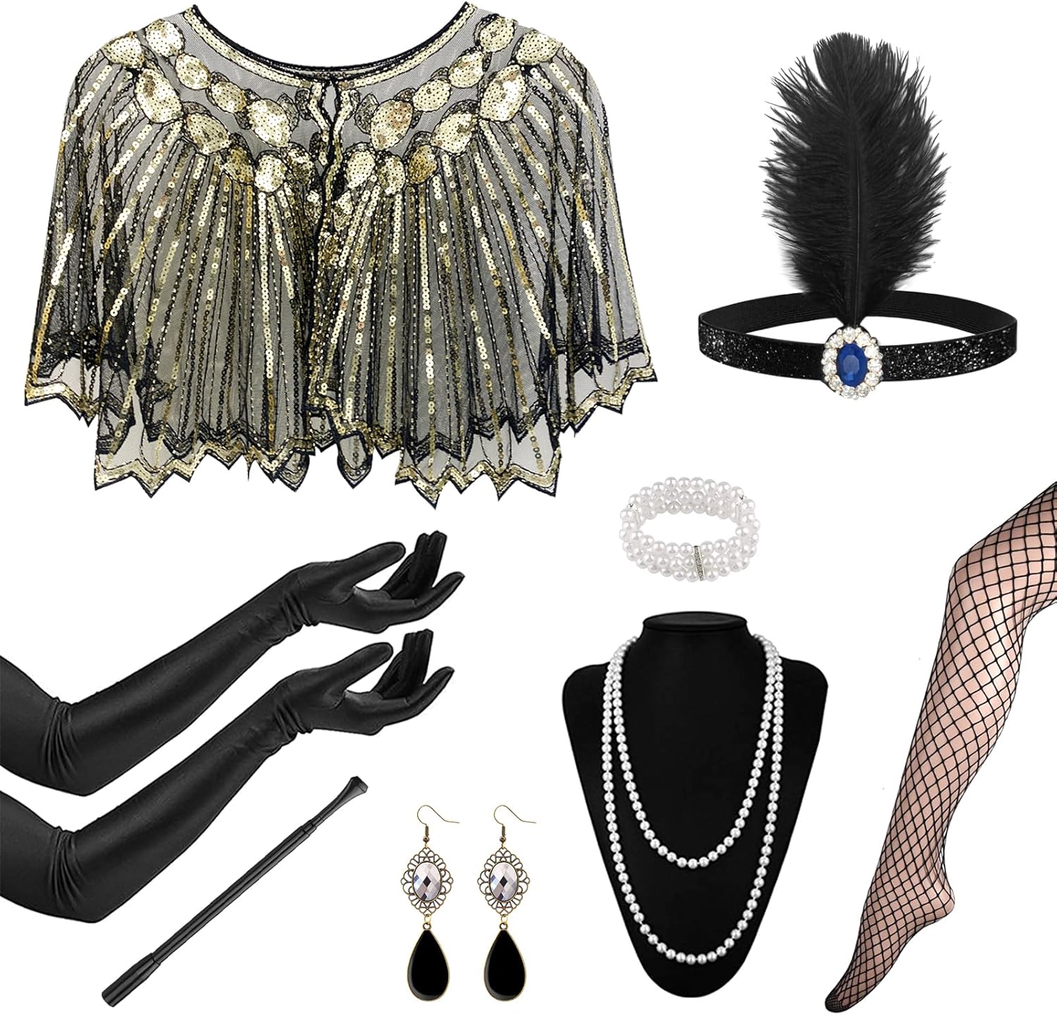 1920s Flapper Great Gatsby Accessories Set,Roaring 20's Theme Set with Shawl Headband Long Gloves Necklace Earrings Handheld Prop,1920s Flapper Costume Vintage Accessories for Women Ladies