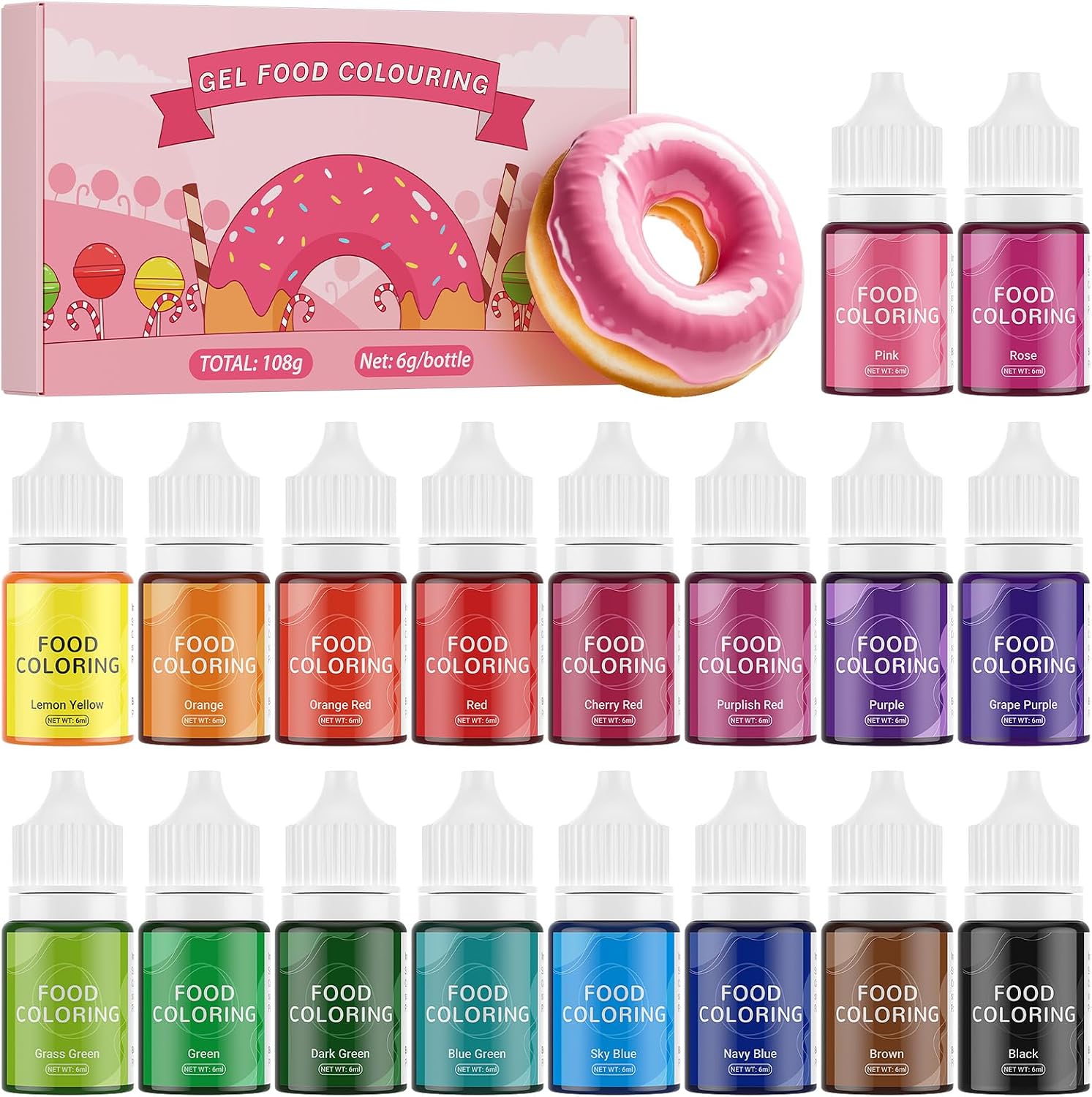 Waysroma Gel Food Colouring 18 Colours, Tasteless & Vegan Baking Coloring Gel Set Edible Vibrant Food Dye for Cake, Cookie, Icing, Fondant, Macaron, Frosting - 6g/Bottle