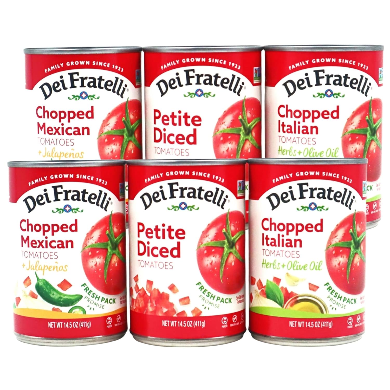 Dei Fratelli Cook's Dinner Prep Variety Tomato Pack - Chopped Mexican, Chopped Italian, Petite Diced – Vine-Ripened Tomatoes - Non GMO, Gluten Free (14.5oz Cans, 6-Pack)