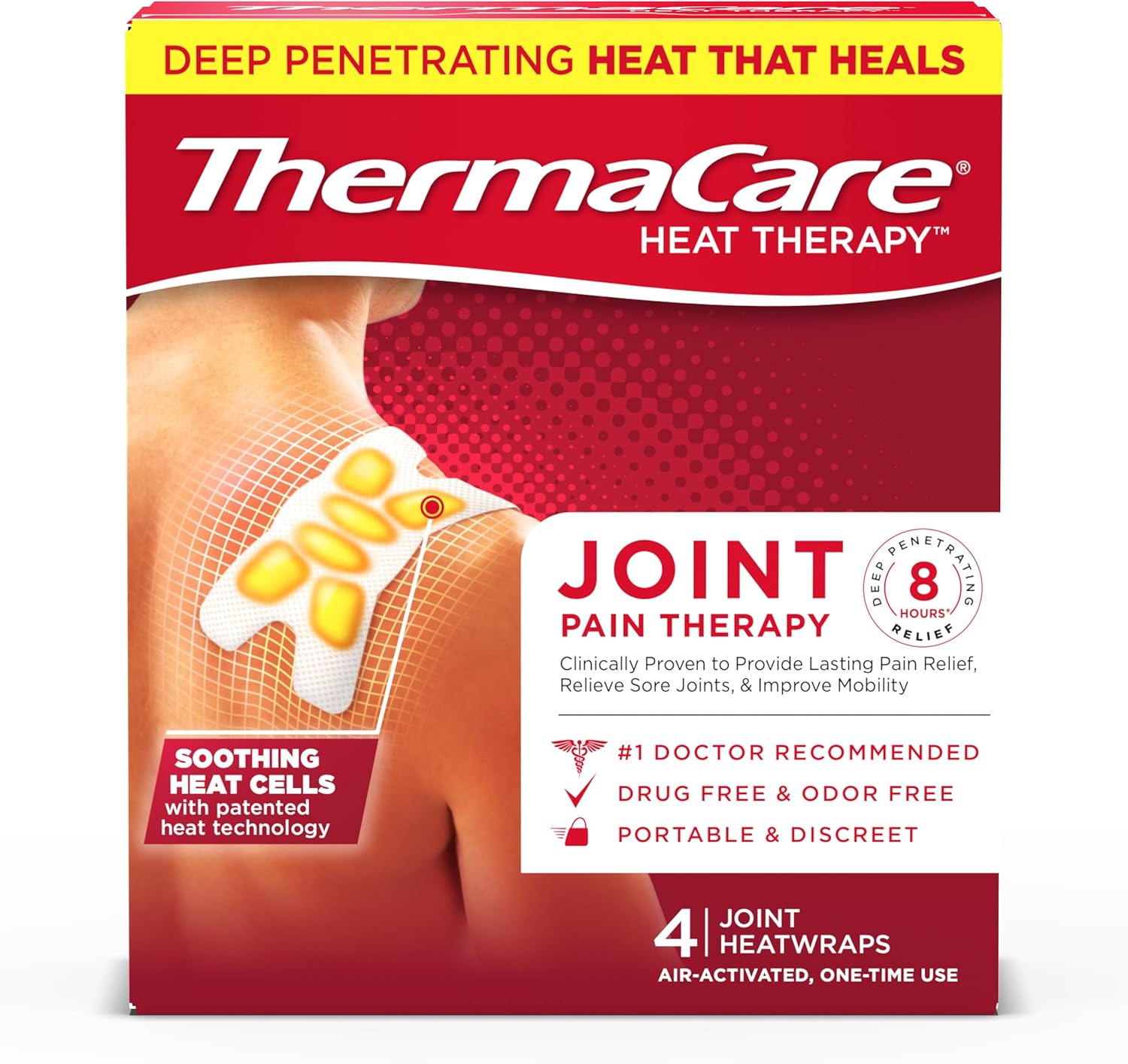 ThermaCare Portable Heating Pads - Adhesive, Disposable HeatWraps for Joint & Muscle Pain Relief - Multi-Purpose, Drug-Free Therapy with Flexible Fit - 4-Count