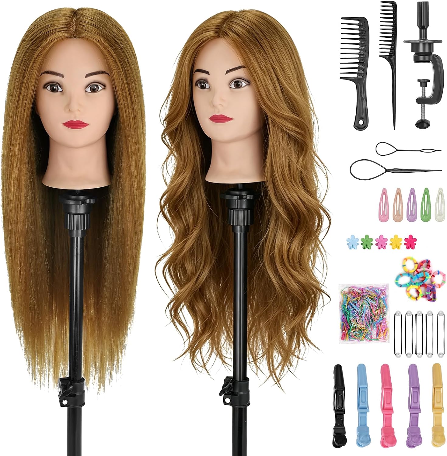 Mannequin Head 26-28 Inch - 90% Real Human Hair Hairdressing Head for Doll Hair Styling Practice with Clamp & Styling Set, Beauty Cosmetology Manikin Head,Hair Dressing doll Training Head