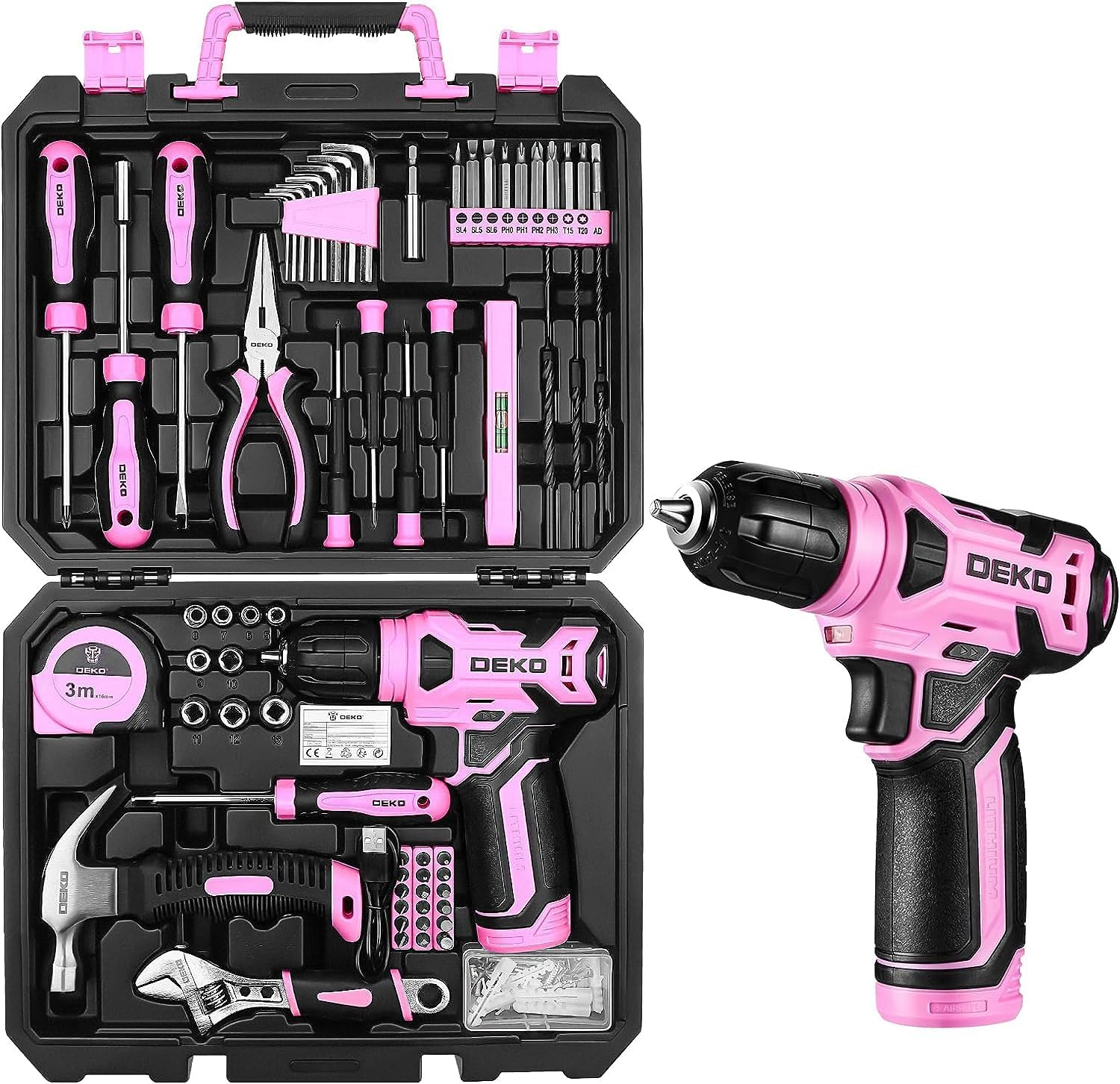 DEKO Pink Tool Kit: 126-Piece DIY Set with 8V Cordless Drill, Electric Drills & Hand Tools for Women