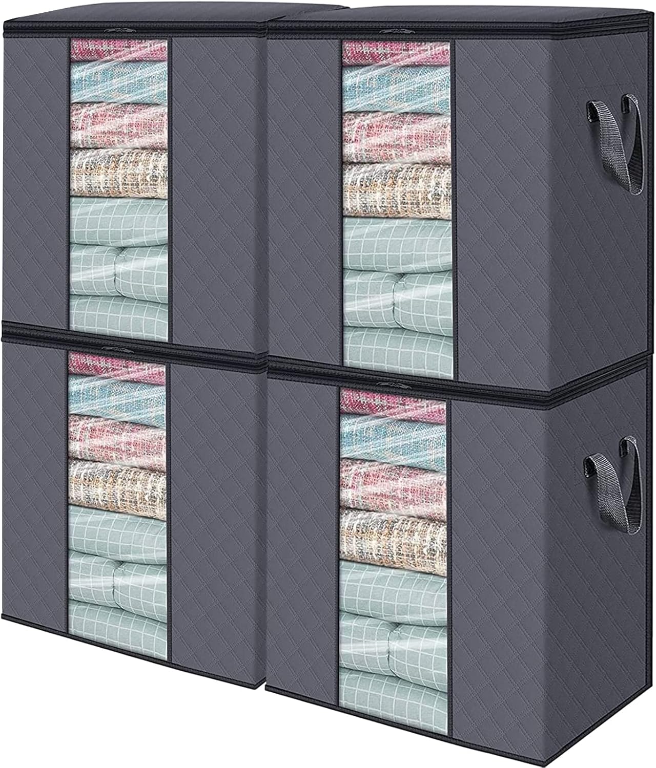 WISELIFE Storage Bags [4 Pack/100L] Large Blanket Clothes Organization and Storage Containers for Comforters,Bedding, Foldable Organizer with Reinforced Handle, Clear Window, Sturdy Zippers,Gray