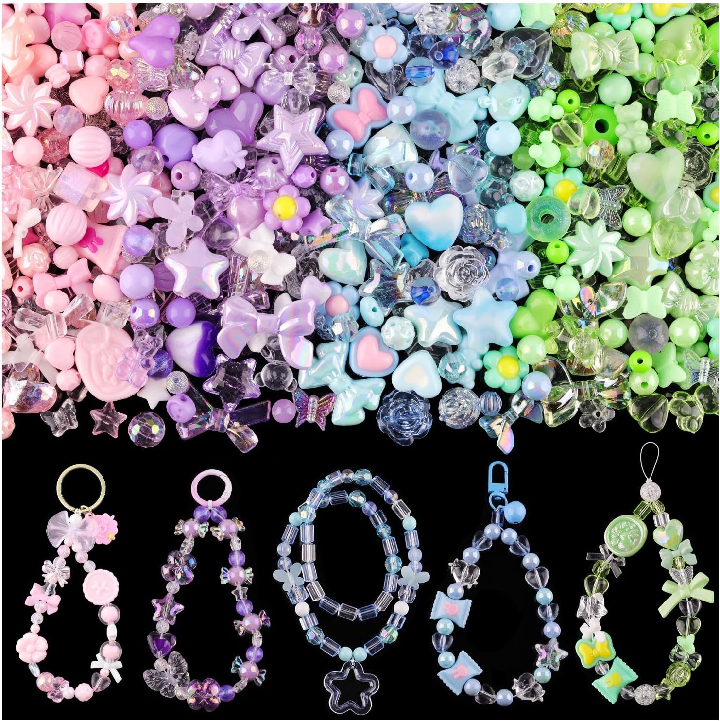 Assorted 180-240PCS Acrylic Beads for Bracelet Making, Flower Bow Butterfly Candy GummyBear Aesthetic Bracelet Charms,Cute Beads for Jewelry Making DIY Necklace Keychain Phone Charm