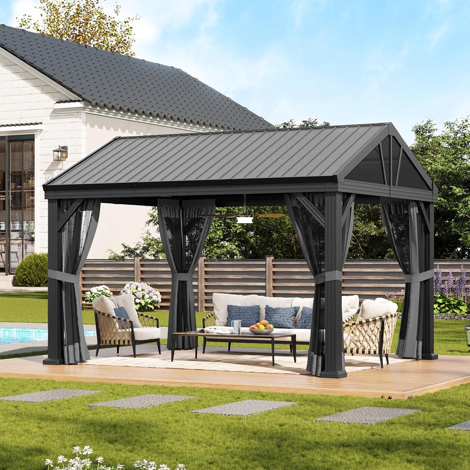 Aoxun 10' X 12' Hardtop Gazebo, Aluminum Outdoor Gazebo with Galvanized Steel Gable Roof Canopy, Patio Permanent Metal Pavilion with Netting, for Garden, Backyard, Deck, Square Foundation