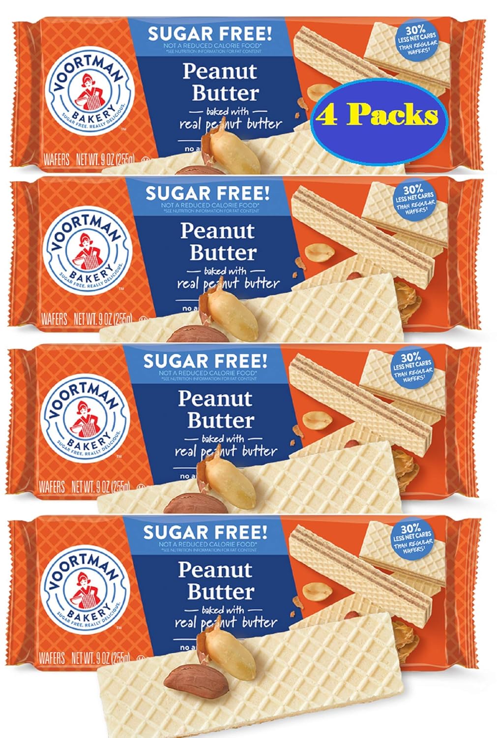 Voortman Bakery Sugar Free Wafer Cookies, Pack of 4 (Sugar Free Peanut Butter)