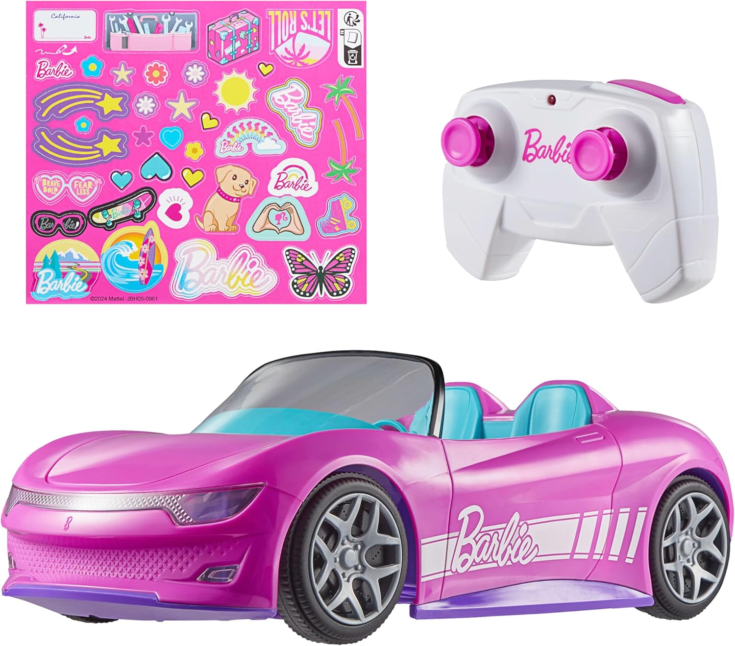 Hot Wheels Barbie RC Toy Car, Remote-Control Pink Convertible, Can Hold 2 Barbie Fashion Dolls & Trunk Opens for Storage, Sticker Sheet for Customizing