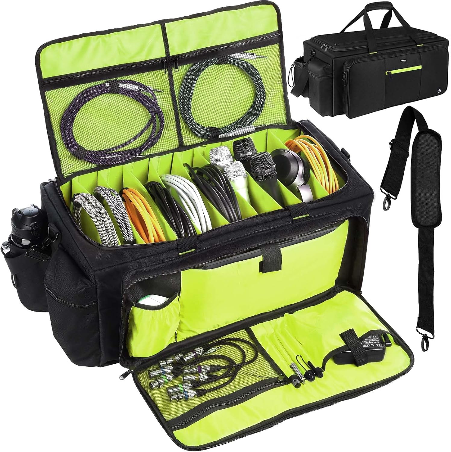 Large DJ Bag Built-in Sturdy Support Board, DJ cable bag with 9 Detachable Divider & Padded Shoulder Strap, gig bag for Professional DJ Gear, Musical Instrument and Accessories