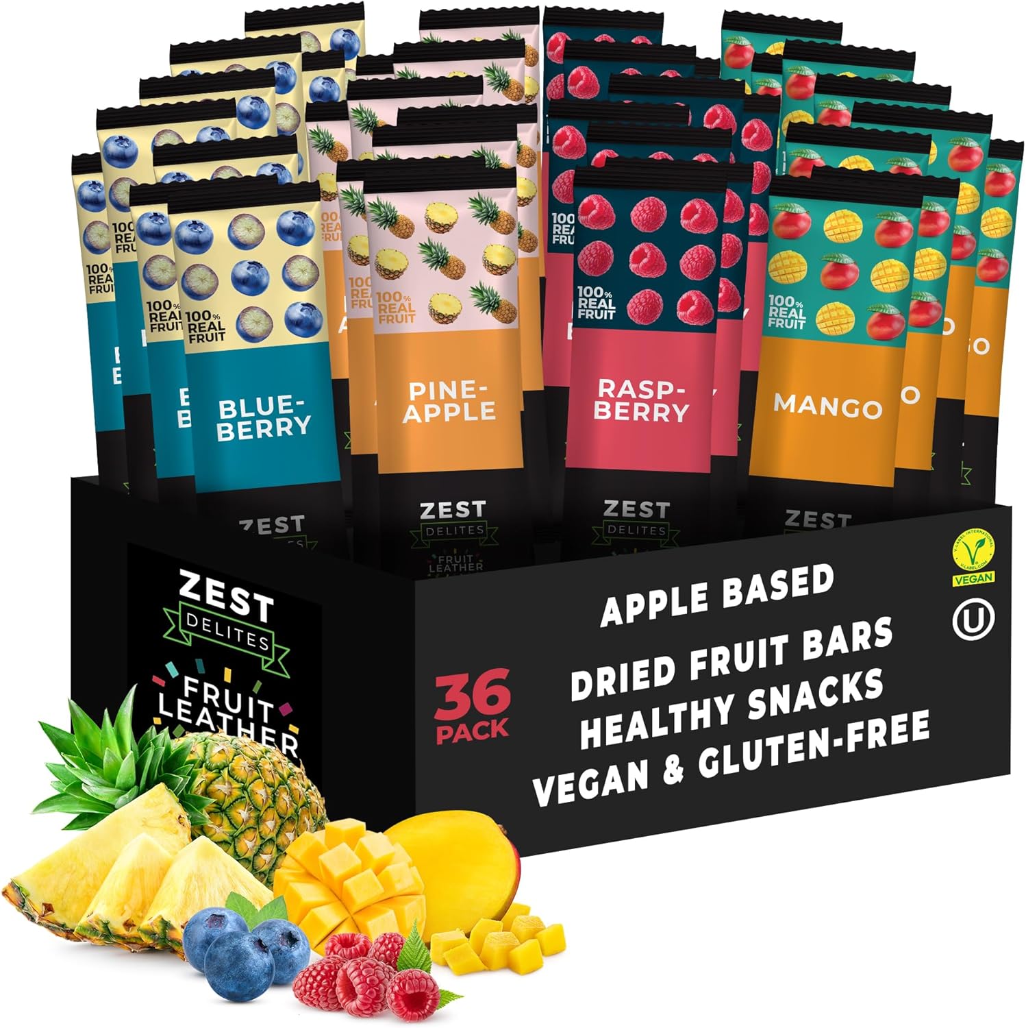 Fruit Snacks by Zest Delites, Dried Fruit Leather Bars, Healthy Snacks for Adults, Vegan, Lavashak, Healthy Sweets, Apple-Based Pineapple, Mango, Blueberry, Raspberry 25g x 36