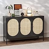 IKIFLY Accent Storage Cabinet with Handmade Natural Rattan Doors, Rattan Sideboard Buffet Cabinet, Kitchen Cupboard Server Console Table for Dining Room, Living Room, Hallway - Black, 3 Doors