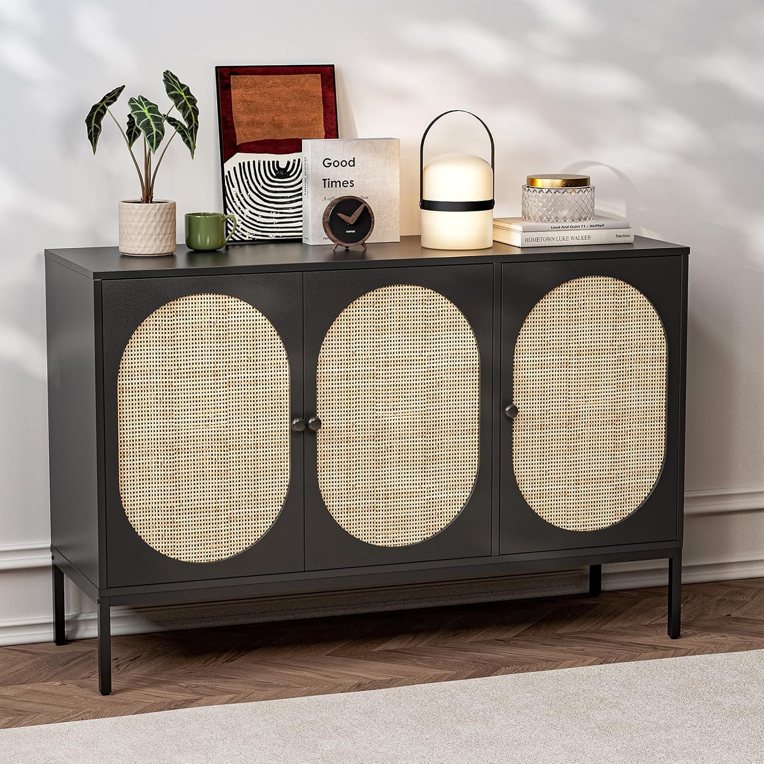 IKIFLY Accent Storage Cabinet with Handmade Natural Rattan Doors, Rattan Sideboard Buffet Cabinet, Kitchen Cupboard Server Console Table for Dining Room, Living Room, Hallway - Black, 3 Doors