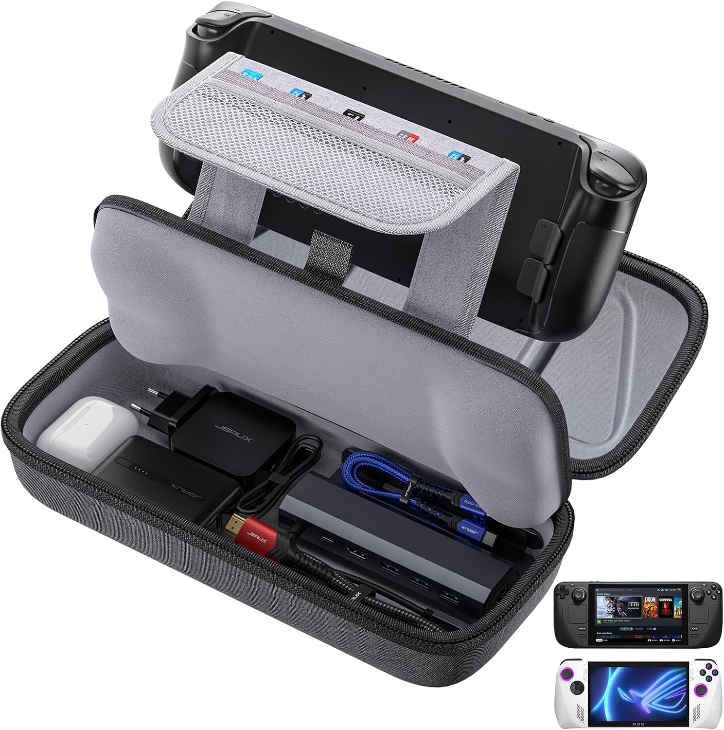 JSAUX Carrying Case Compatible with Steam Deck/ROG Ally/Switch 2, Protective Hard Shell Carry Case Built-in Charger & Docking Station Storage, Portable Travel Bag for Steam Deck OLED/ROG Ally X