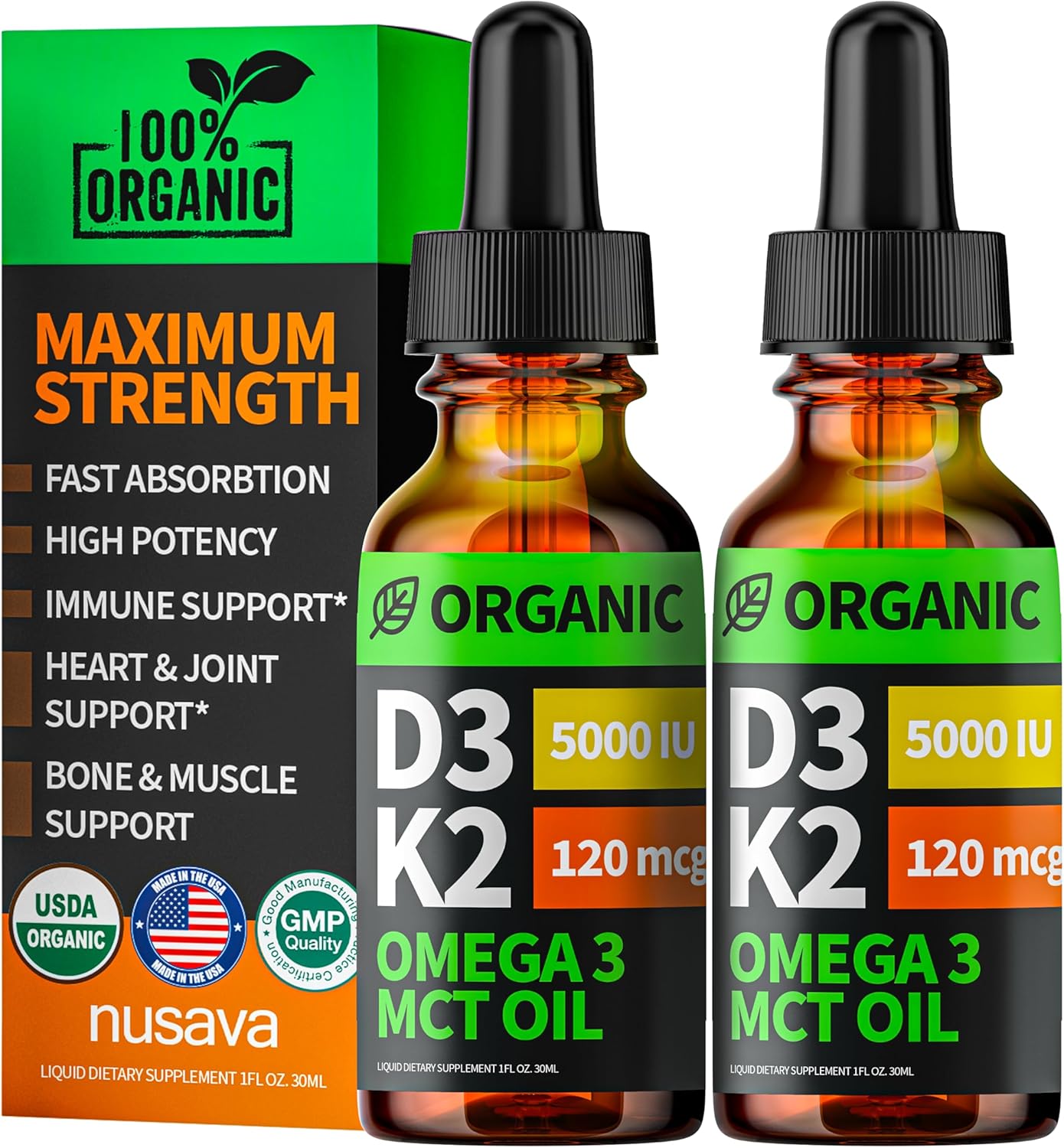 (2 Pack) Organic Vitamin D3 K2 Drops with MCT Oil, Omega 3, 5000 IU - Vitamin D Liquid, No Fillers, Non-GMO D3 for Body’s Defenses and Faster Absorption, Unflavored, 2 Fl Oz