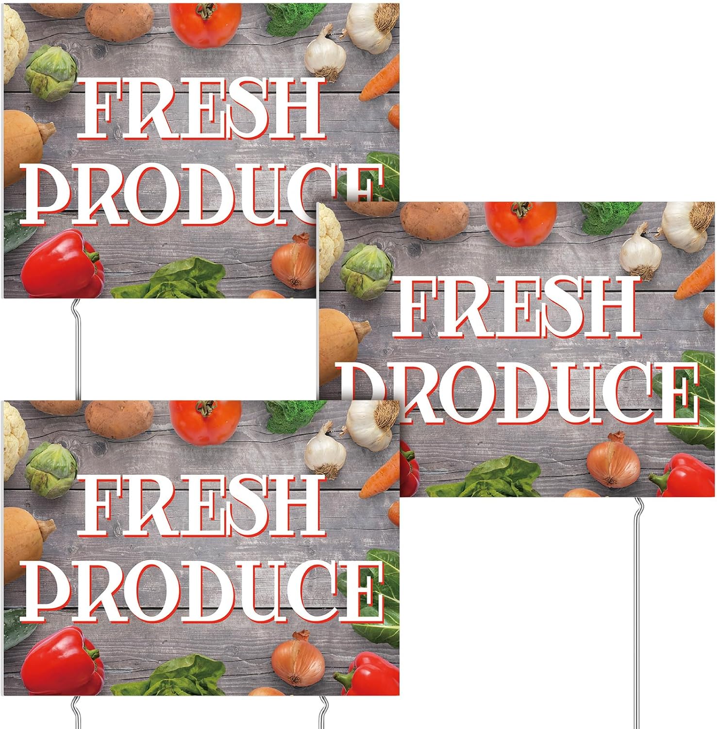 3 Pcs Fresh Produce Sign with Metal Ground Stakes 12 x 16 Inch Vegetable Sign Double Sided Outdoor Yard Signage Corrugated Plastic Event Signage for Outdoors Business(Brown)