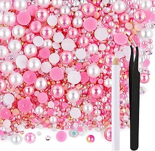 ASTARON 50g Mix Flatback Rhinestones Half Pearls for Crafts Mixed Size 3mm-10mm Flat Back Rhinestones for Crafts Flatback Pearls for DIY Tumblers Mugs Nail Art Shoes Clothes (Pink Series)