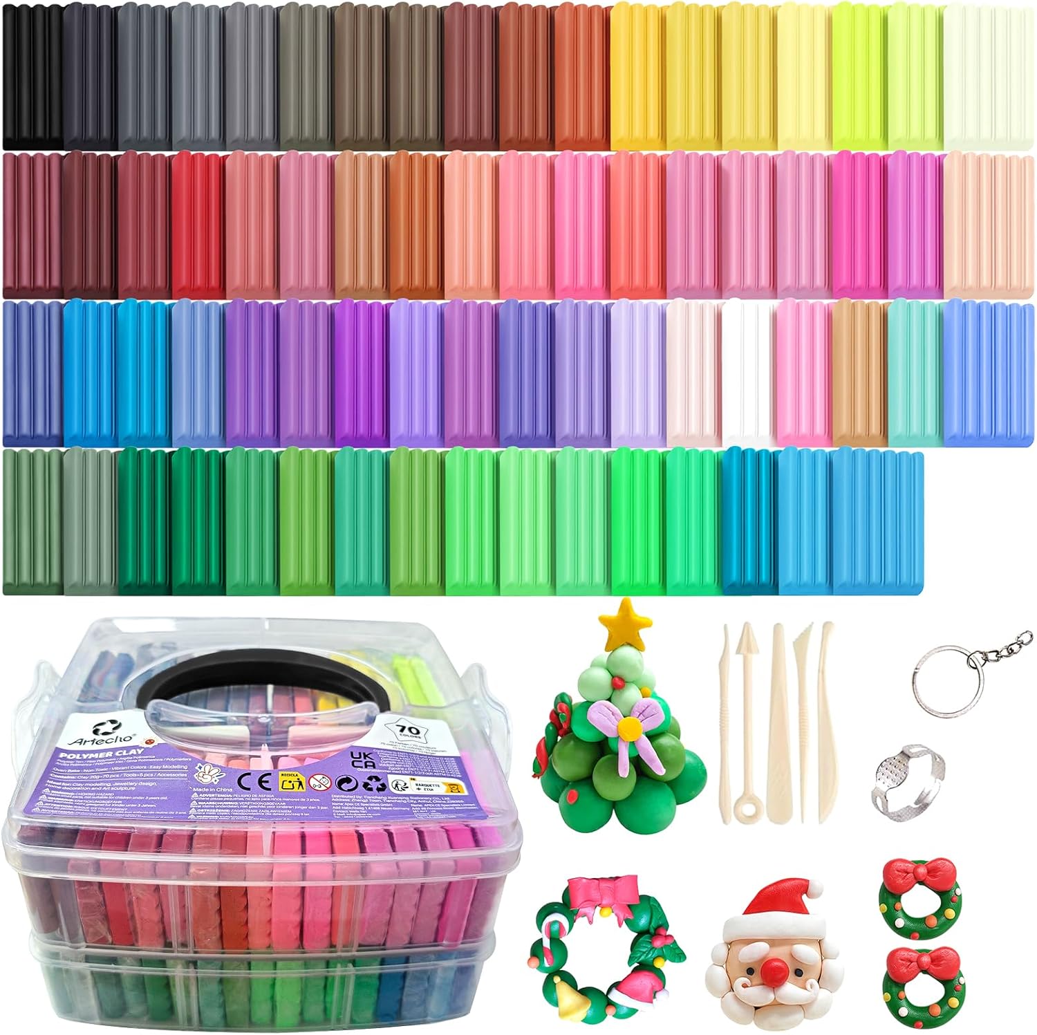 Artecho Polymer Clay Set, 70 Colors Modeling Clay Kit with 5pcs Clay Sculpting Tools and 31pcs Accessories for DIY, Oven Bake Clay, Crafts Gift for Beginners/Adults
