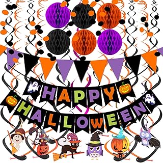 Happy Halloween Banner Paper Triangle Flag Bunting Circle Confetti Dots Hanging Garland Honeycomb Ball Swirl Streamers for Halloween Party Decorations