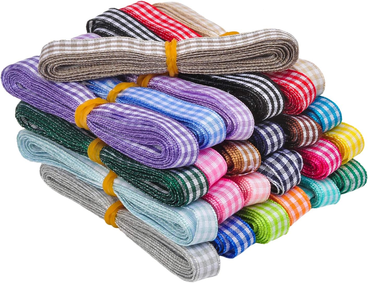 Berolle 50 Yards 25 Colors Gingham Ribbon Checkered Ribbon Gingham Woven Edge Ribbon for Gift Package Wrapping, Sewing, Hair Bow (3/8 Inch)