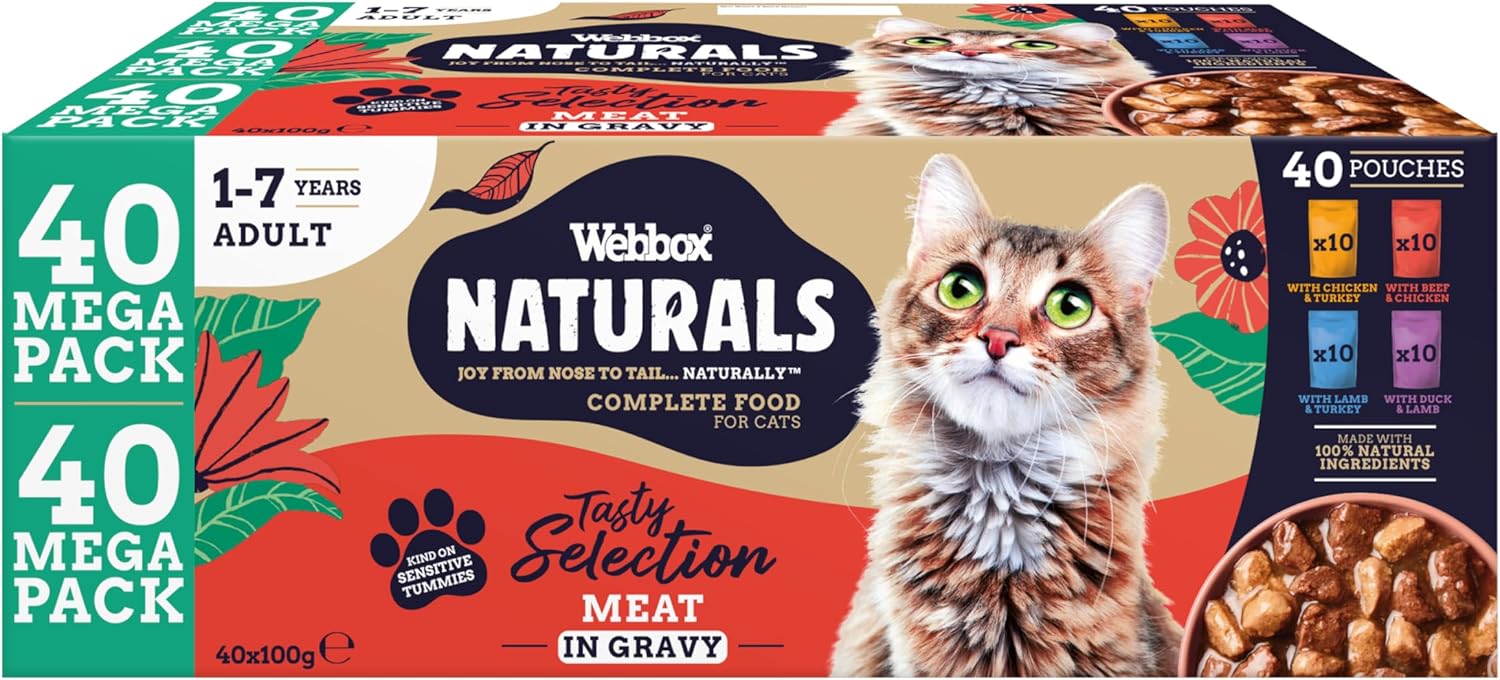 Webbox Naturals Complete Adult Wet Cat Food, 40 x Meat in Gravy Variety Mega Pack - Made with Natural Ingredients and No Nasties (40 x 100g Pouches)