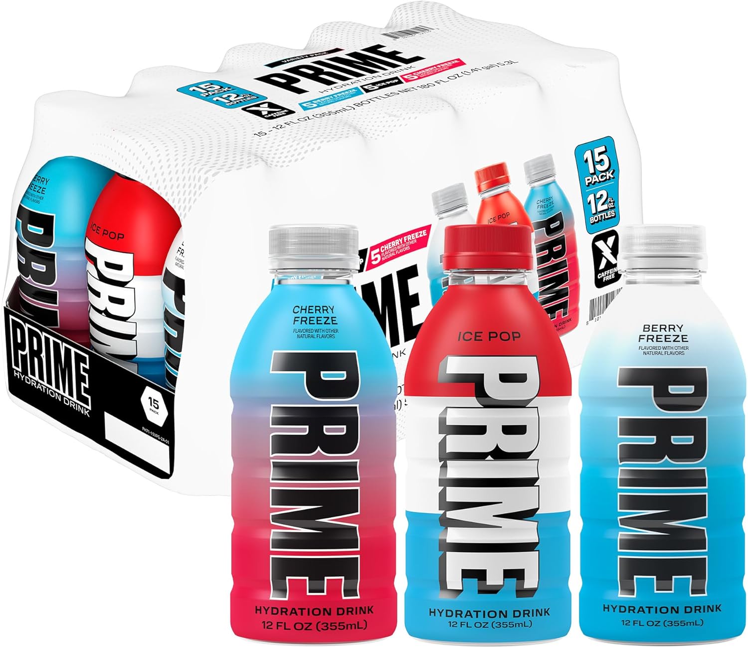 PRIME HYDRATION Variety - Blue Freeze, Cherry Freeze, ICE POP Sports Drinks, Electrolyte Enhanced for Ultimate Hydration, 250mg BCAAs, B Vitamins, Antioxidants, Low Sugar, 12 Fl Oz, 15 Pack
