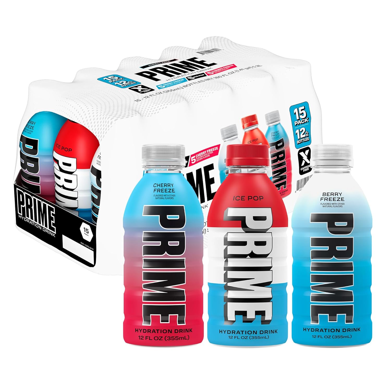 PRIME HYDRATION Variety - Blue Freeze, Cherry Freeze, ICE POP Sports Drinks, Electrolyte Enhanced for Ultimate Hydration, 250mg BCAAs, B Vitamins, Antioxidants, Low Sugar, 12 Fl Oz, 15 Pack