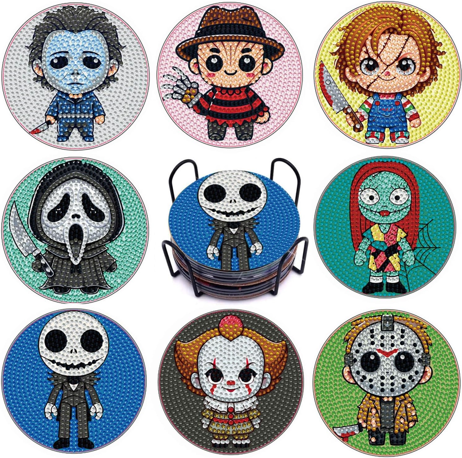 8 PCS Halloween Diamond Art Coasters Kits, Diamond Painting Coasters with Holder Set of 8, DIY Drink Coasters Art Crafts Supplies for Adults Cup Mat for Home Decor House Warming Gifts Non-Slip